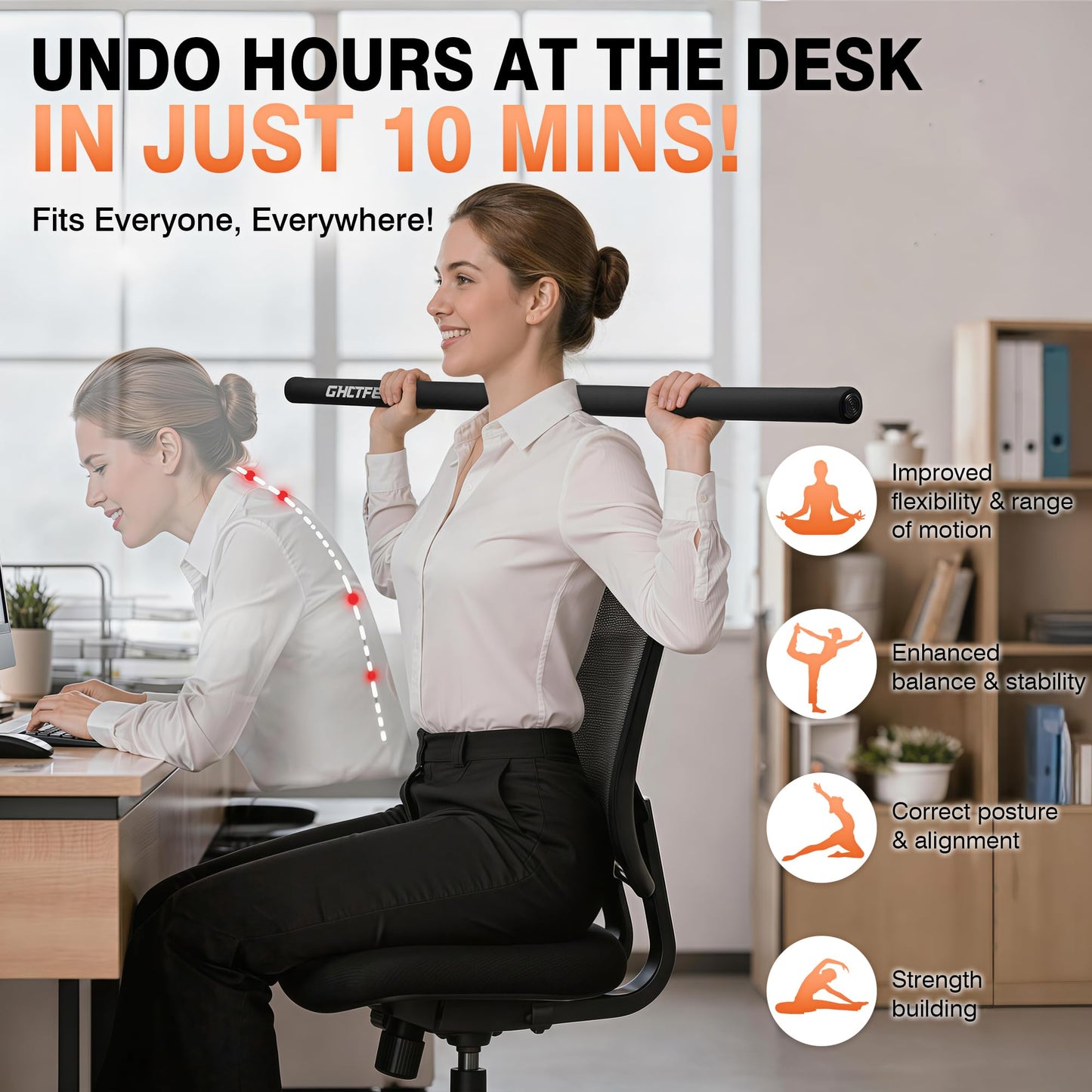 GHCTFE Adjustable Yoga Stick for Stretching & Balance, Upgraded Workout Pilates Equipment for Back Posture Corrector, 4-Section Steel Mobility Bar for Flexibility, Physical Therapy, Exercise Training