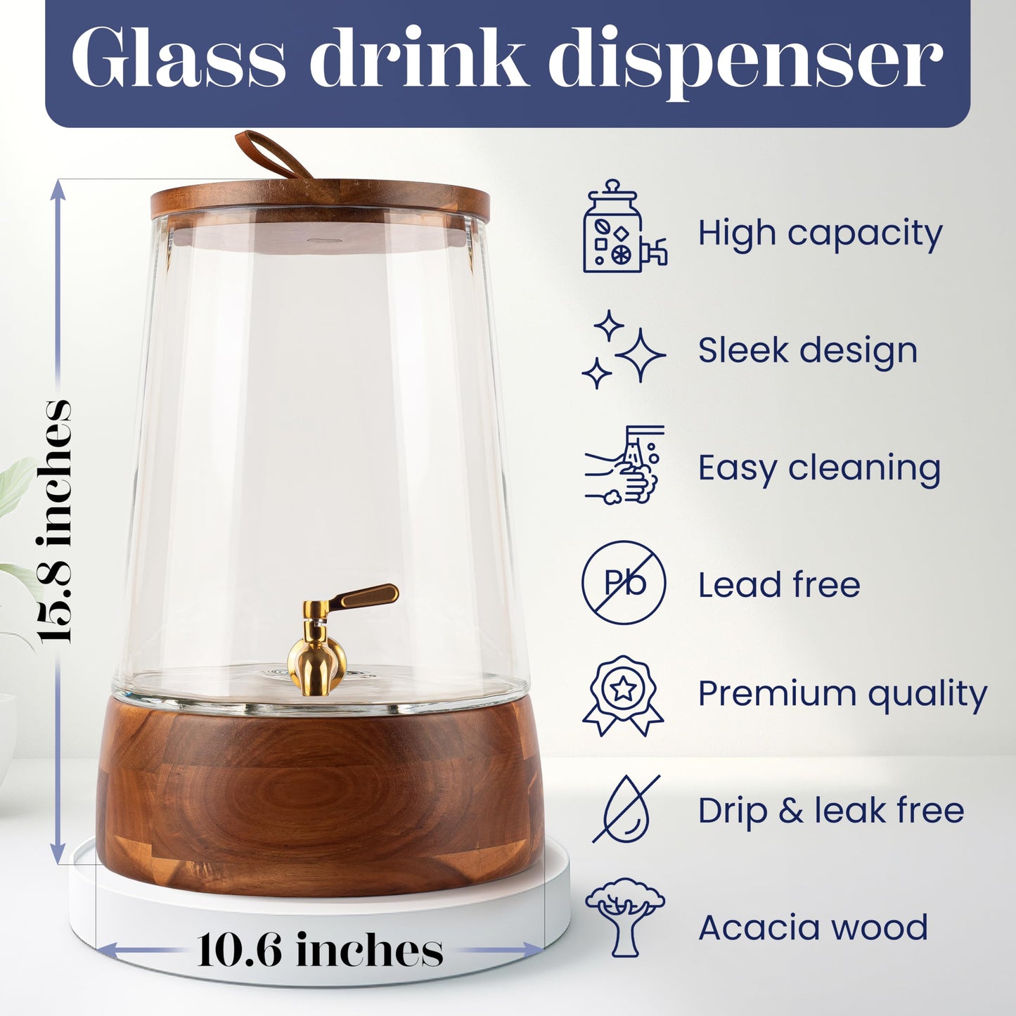 FOODLE Extra Large Glass Drink Dispenser with Spigot - Glass Beverage Dispenser with Stand - Perfect for Parties & Catering - Pitcher for Lemonade, Water, Sangria & Juice - Leakproof Spout - 3 Gallon