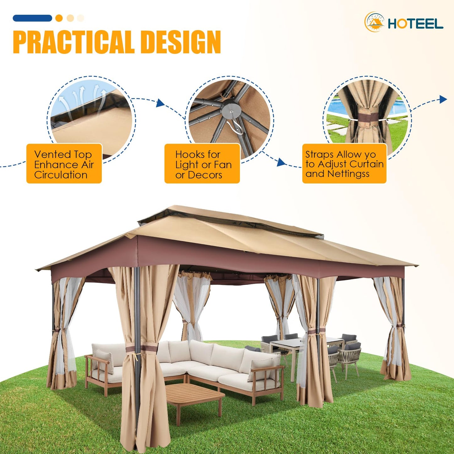 HOTEEL Gazebo 12x20, Outdoor Gazebo on Clearance with Double Ventilated Arc Roof, Privacy Curtains & Mosquito Netting, Easy Set up Canopy Tent with Stable Metal Frame for Patio, Khaki (Upgraded 2.0)
