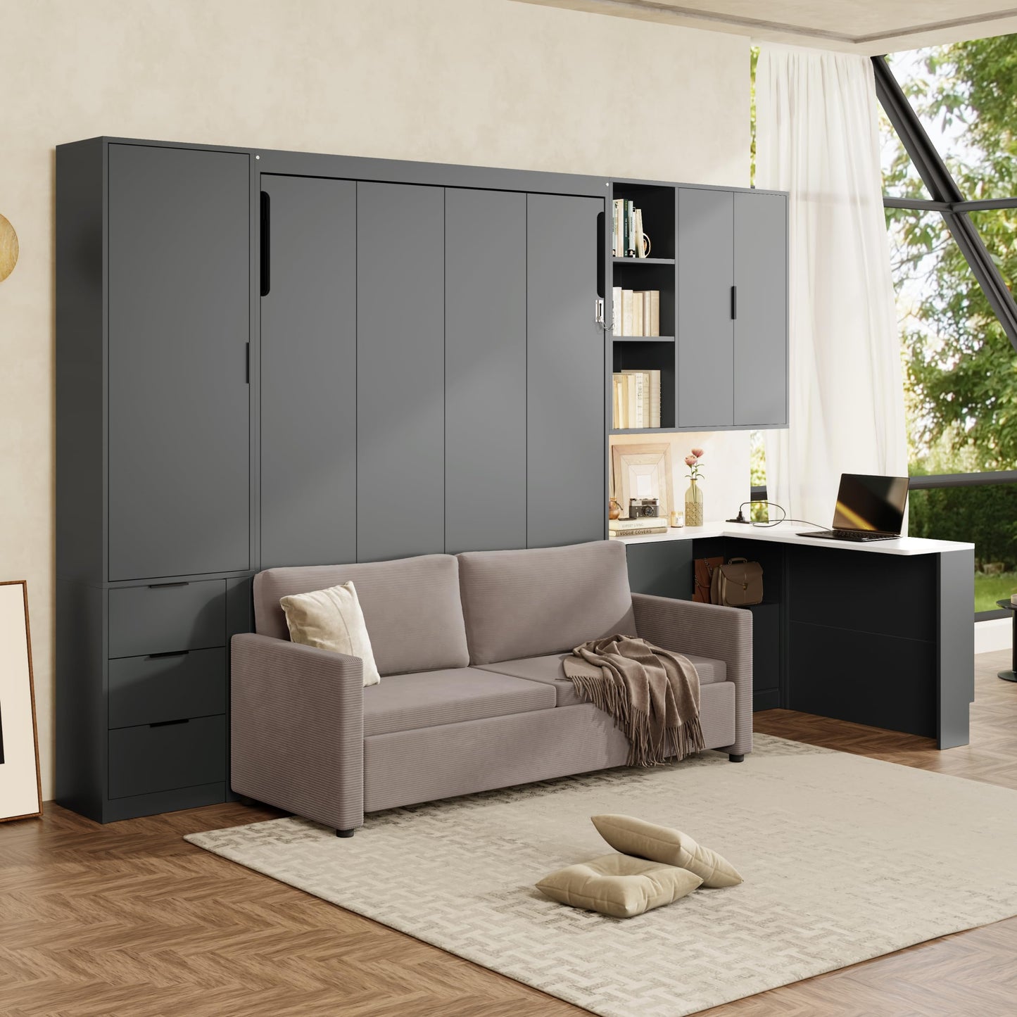 Merax Queen Size Wood Murphy Bed with Upholstered Sofa & Desk, Multifunctional Foldable Wall Platform Bed w/USB Charging Station for Guest-Room, Bedroom, Space Saving, Gray +Beige