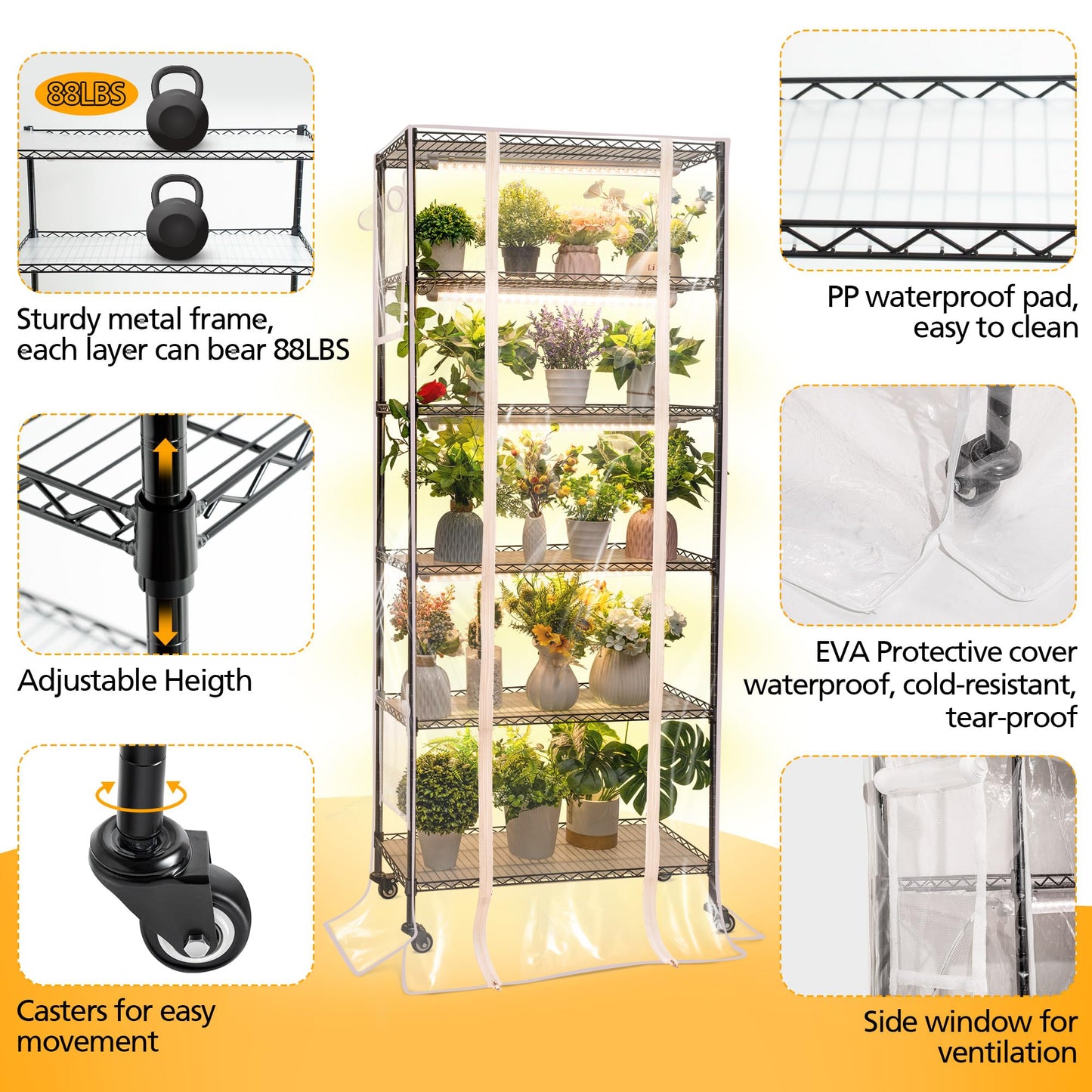 Meonum Indoor Greenhouse with Grow Lights, 6 Tier Metal Plant Shelf with Cover (30" x 13.8" x 70.8"), 5 Pack Full Spectrum Growing Lamps for Seed Starting, Grow Rack with Timer, Thermometer, pH Meter
