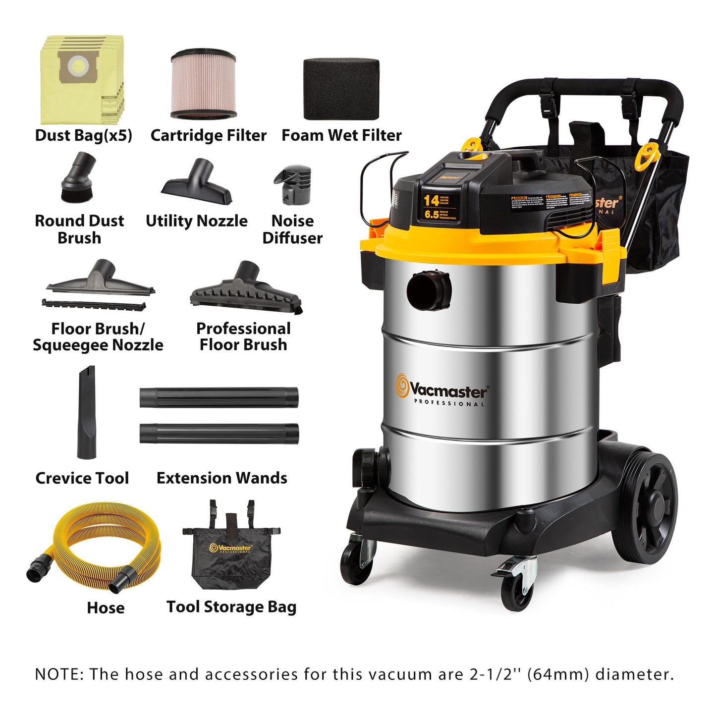 Vacmaster Professional Beast Series 14-Gallon* 6.5 Peak HP† Wet/Dry Vacuum - VJE1412SW 0203