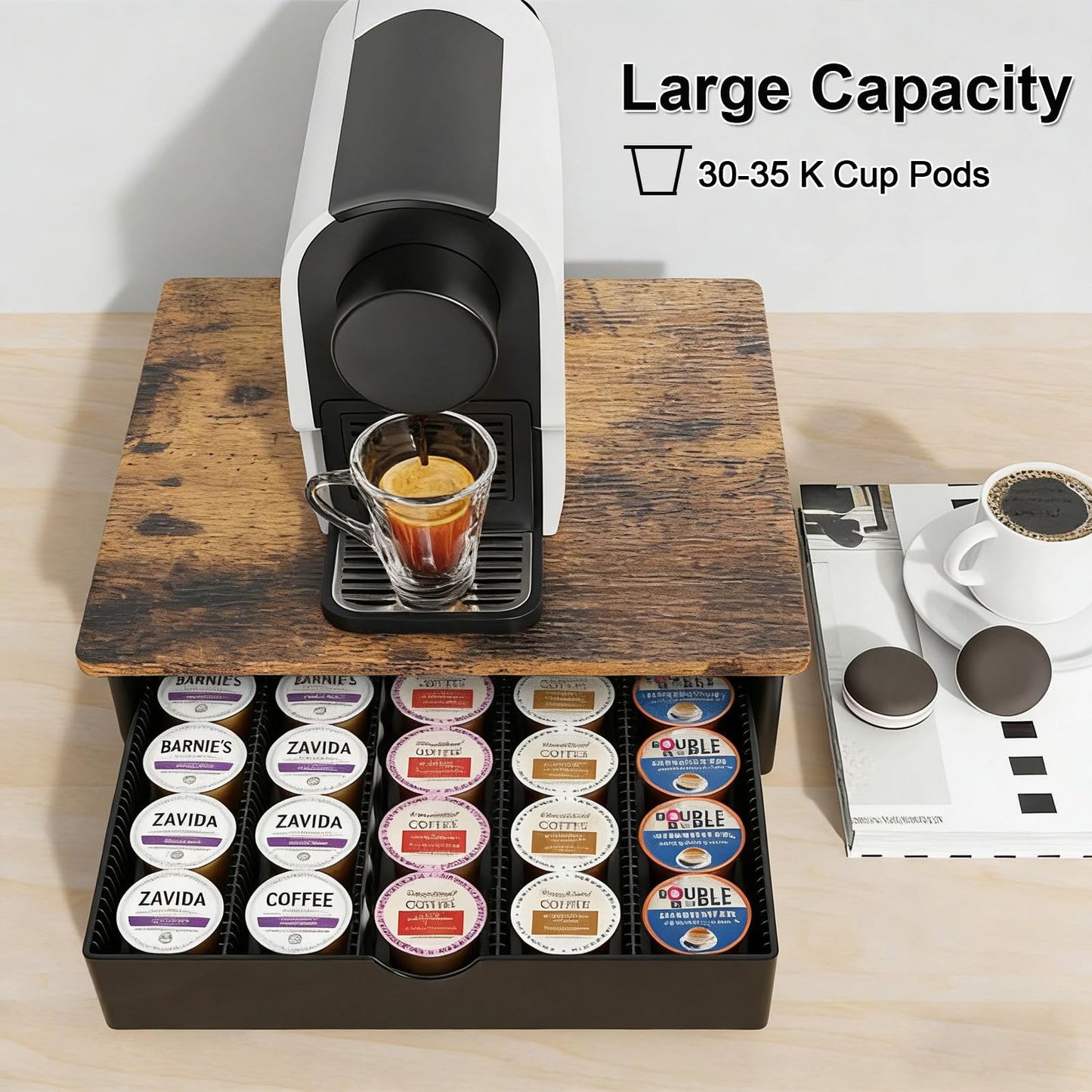 OUTIOE Coffee Pods Drawer Organizer Compatible with Nespresso Vertuo Pods Holds Up to 60 Small or 40 Large (Wood)