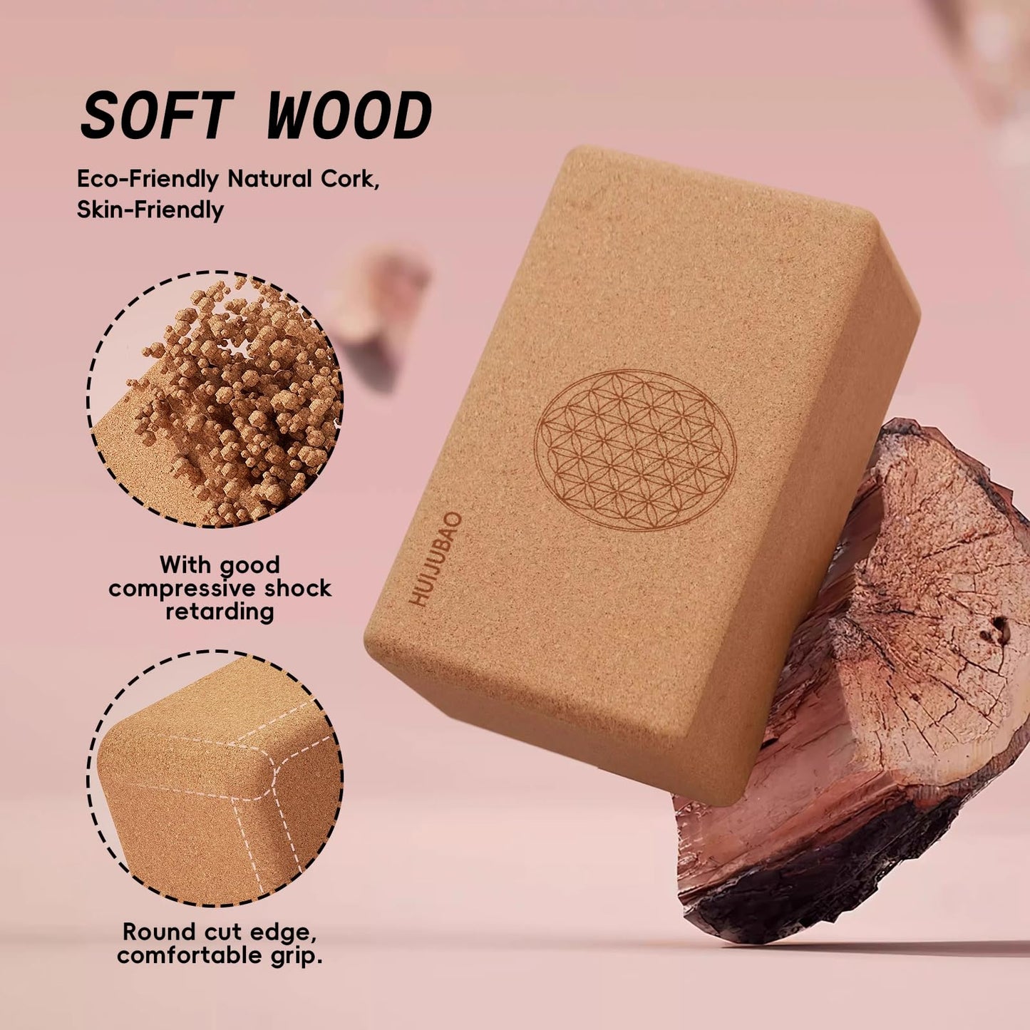 HUIJUBAO Cork Yoga Block, High Density Non-Slip Support Blocks for Balance, Dance, Pilates, Fitness Training (POI56, 9x6x3 in)
