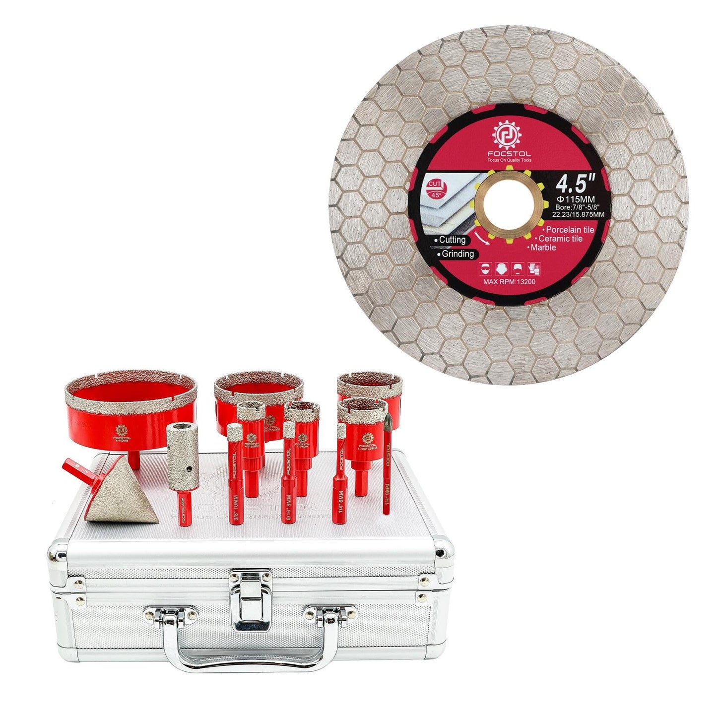 FOCSTOL Diamond Core Drill Bit Set 12pcs with Triangle Shank and 1pc 4.5 Inch(115mm) Diamond Tile Saw Blade
