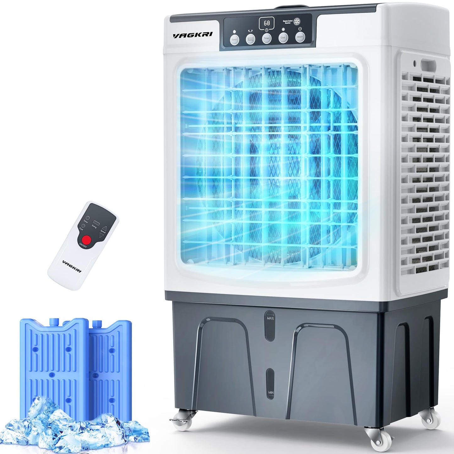 VAGKRI Swamp Cooler, 2100 CFM Evaporative Air Cooler with 8 Gallon Tank, 120° Oscillation, 3 Modes & 3 Speeds, 24H Timer, Remote Control, Outdoor Cooling Fan with Auto Fill for Patio, Garage, Factory