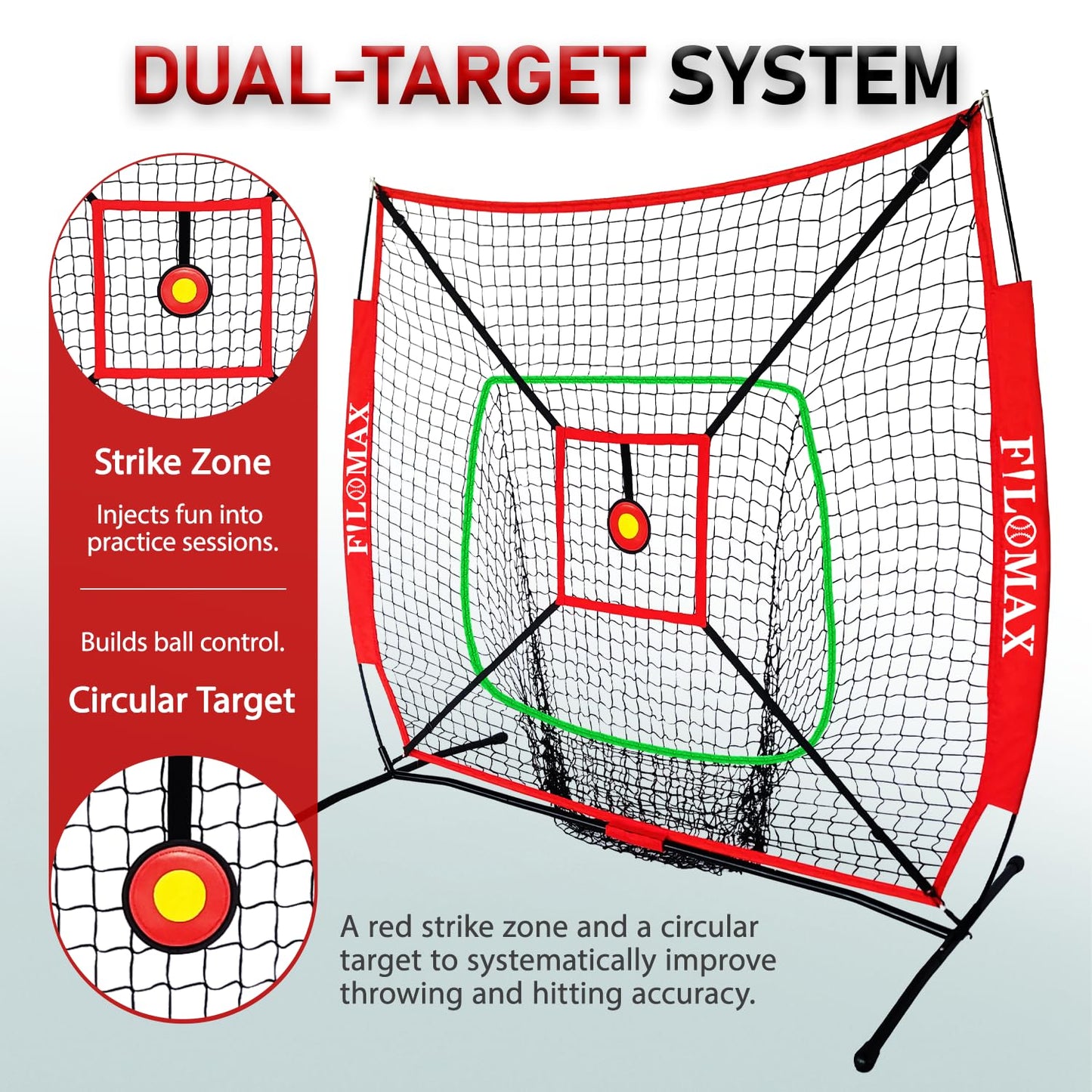 5x5 FT Baseball & Softball Practice Net with Red Strike Zone & Target | Youth Baseball & Softball Training Net for Hitting, Pitching, Batting |for Accurate Throwing Practice,Includes Carry Bag.