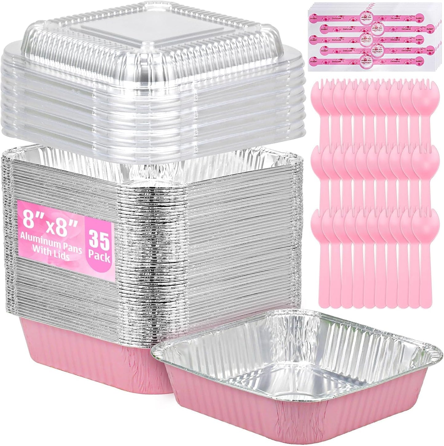 Regine Switzerland 35-Pack Pink 8x8 Inch Disposable Aluminum Pans - Includes Lids, Stickers & Spoons for Parties