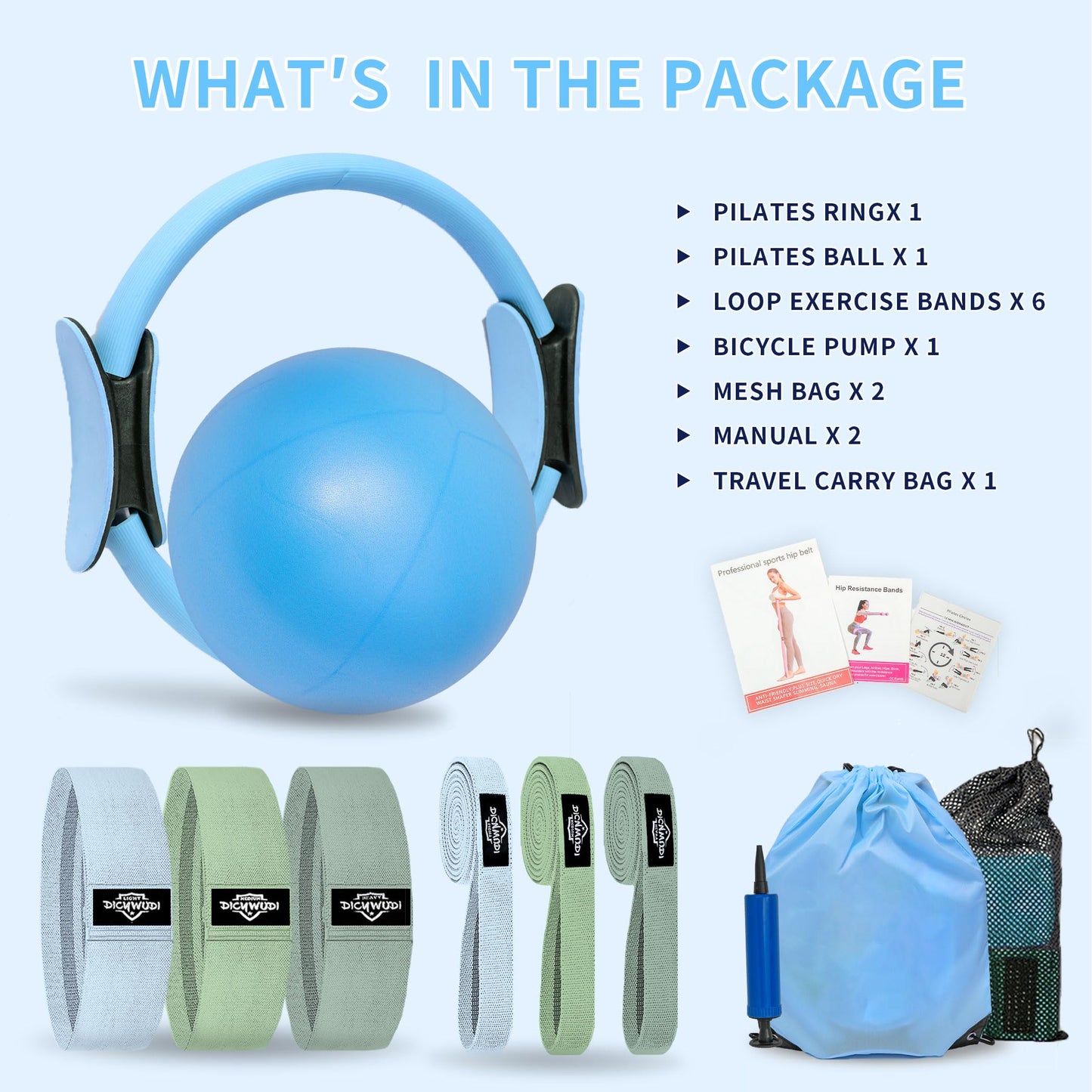 DICYWUDI Pilates Essentials Kit for Home Women, Pilates Equipment for Workouts, 6 Fabric Resistance Bands, 12 Inch Magic Circle Yoga Ring, Mini Exercise Ball, Great Exercise Accessories