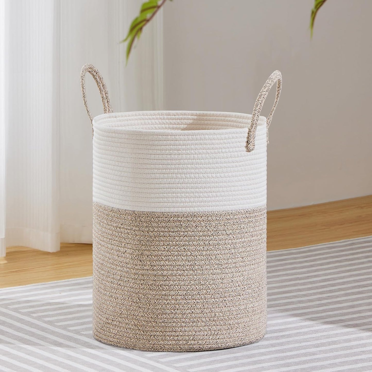 VIPOSCO Large Laundry Hamper - Tall Woven Rope Storage Basket for Blankets, Toys & Clothes | 53L White & Brown