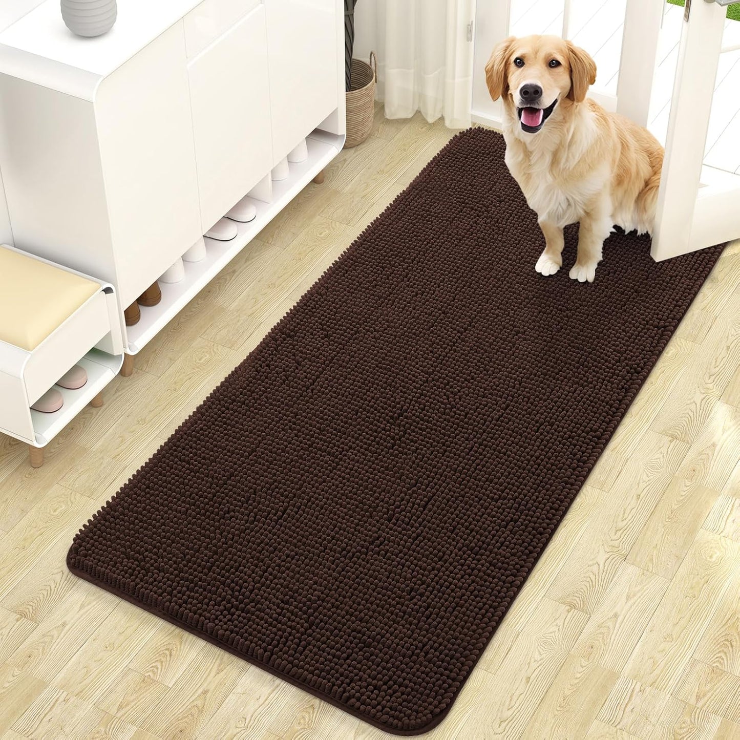 OLANLY Dog Door Mat - Absorbent Non-Slip Chenille Mat for Muddy Paws | 47x24 Inches, Brown