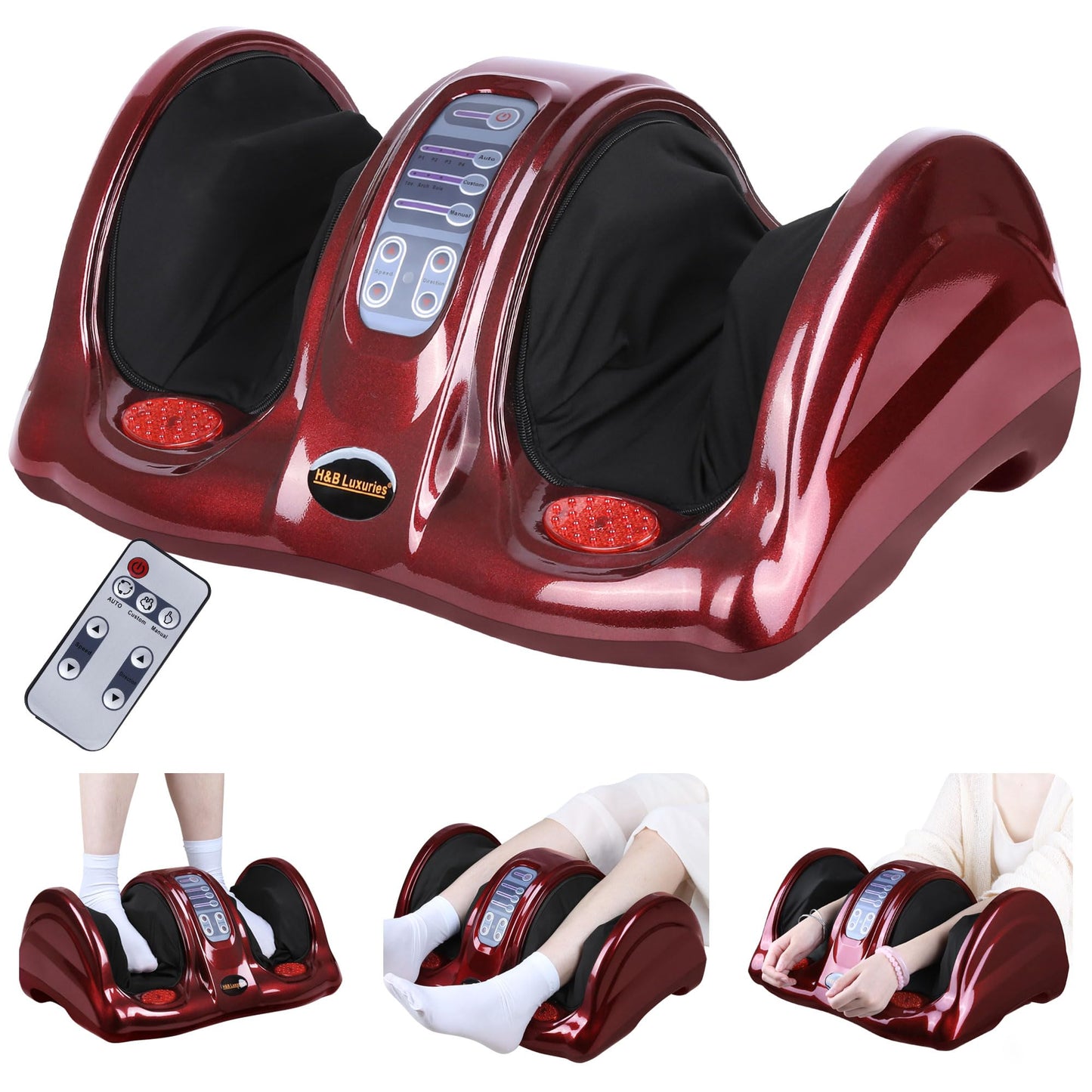H&B Luxuries Shiatsu Foot Massager Machine with Remote Controller, Kneading and Rolling Home Massagers for Feet, Ankle, Calf, Leg, Ideally for Men, Women, Father, Mom Parents and The Elderly, Red