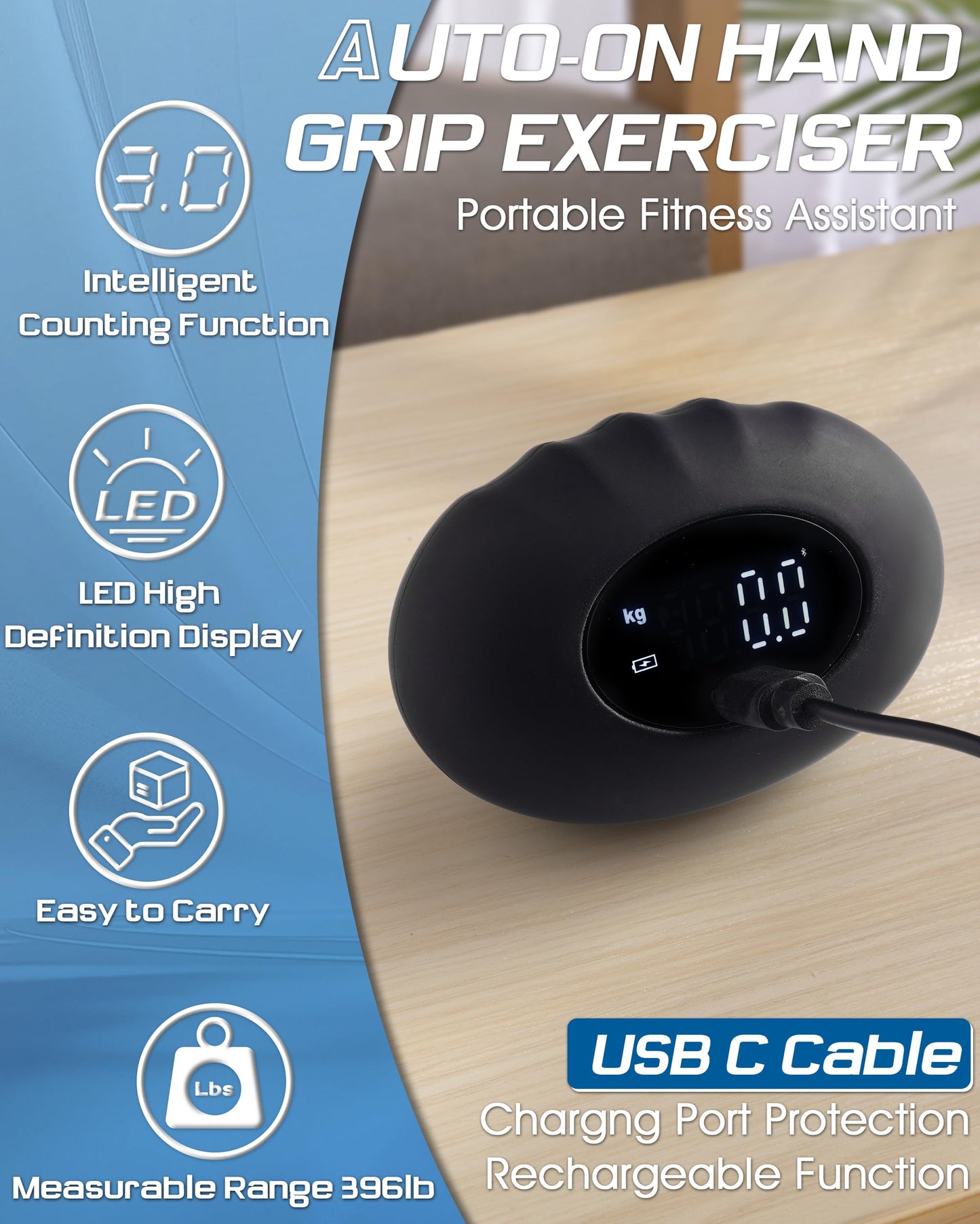 Hand Grip Strength Tester, Dynamometer Grip Strengthener, Digital Finger Palm Gripper Stress Balls, Electronic Squeeze Expander 396LB, Forearm Strengthener for Arthritis Carpal Tunnel Trainer Unzip
