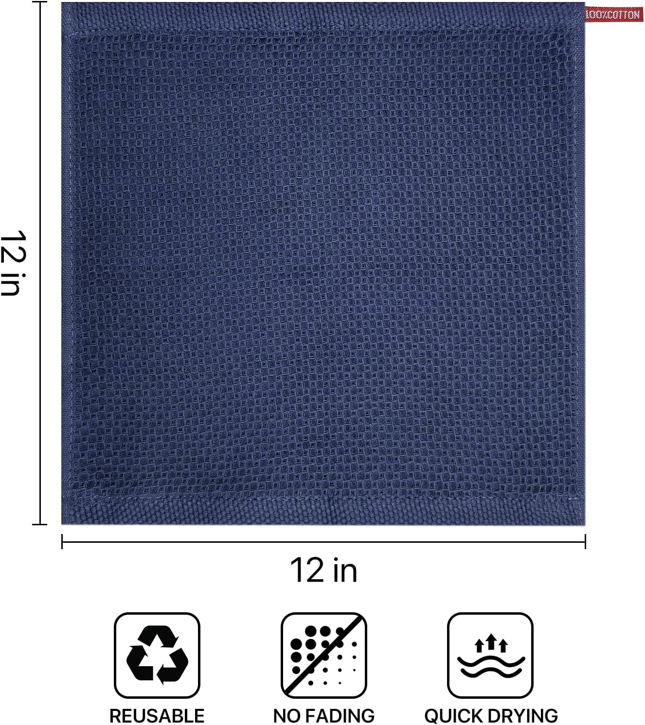 Skiennix 100% Cotton Waffle Weave Kitchen Towels - Ultra Soft & Absorbent Dish Cloths | 6 Pack, Dark Blue, 12x12 Inches