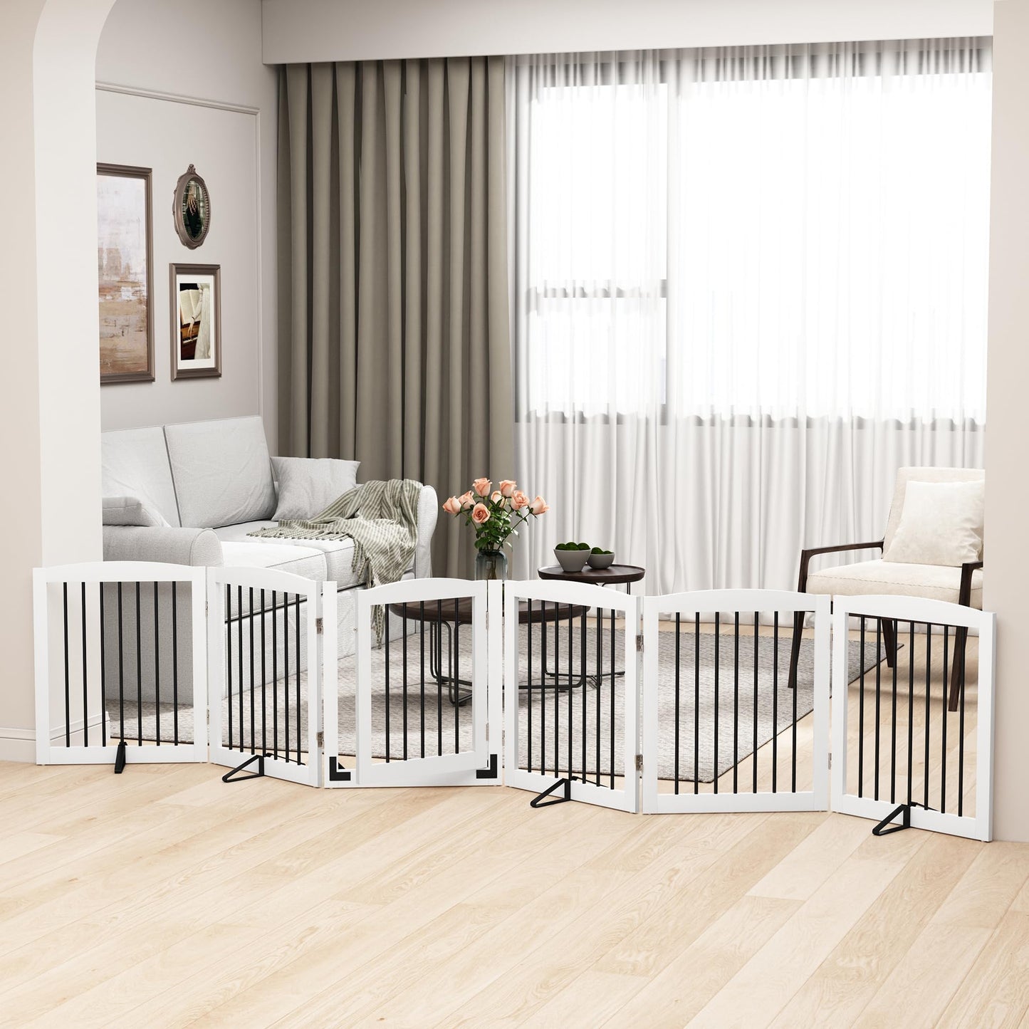 PUPETPO Freestanding Pet Gates with Walk Through Door, Dog Indoor Fence, Dog Gate for The House, Stairs, Extra Wide Pet Gate, Support Feet Included, 120 Inch Wide, 6 Panels 24" Tall, White & Black