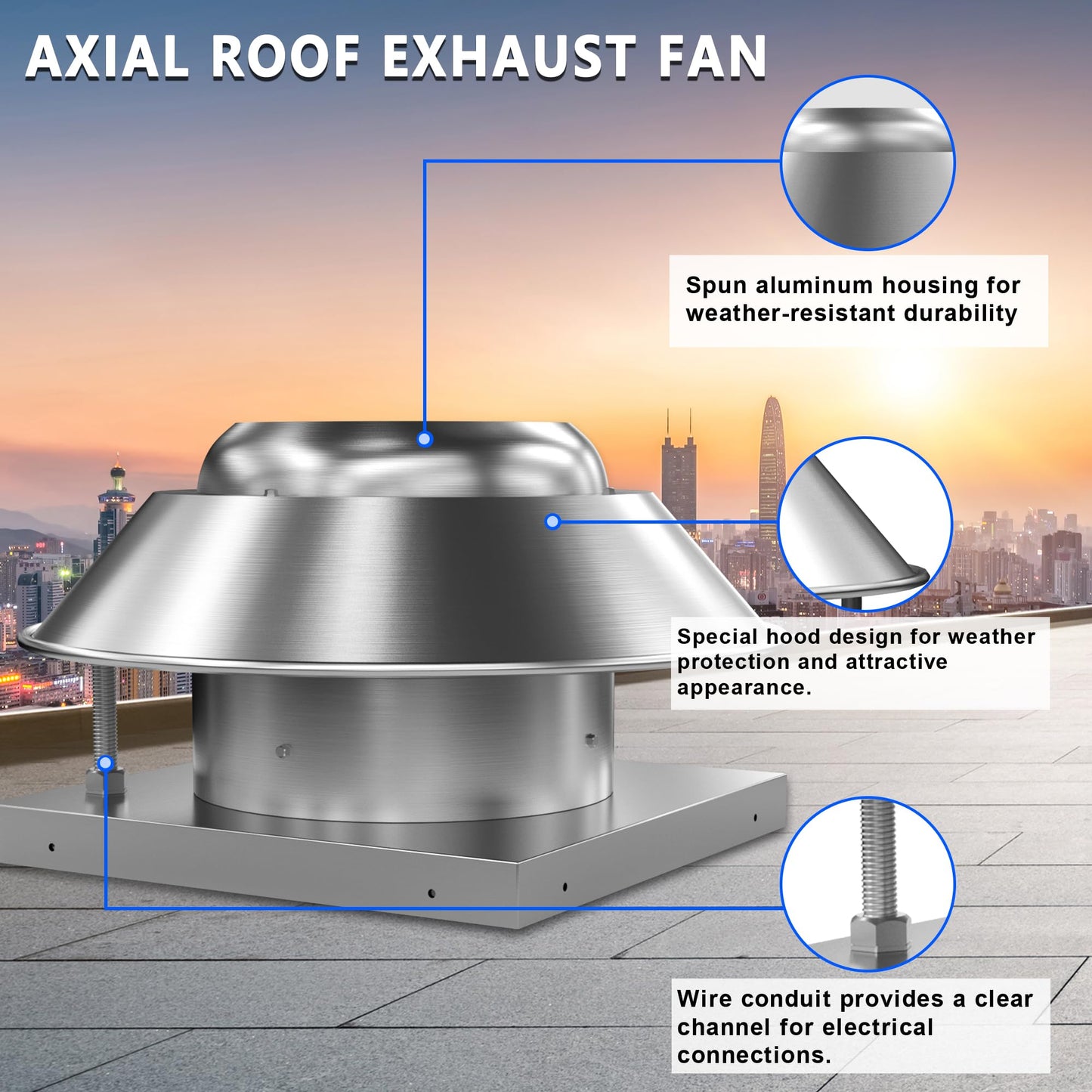 FICBXRA Roof Exhaust Fan Direct Drive Axial Downblast Exhaust Fan -21" Fan Base, 1/6 HP 115 Volt Single Phase Motor 1160 CFM