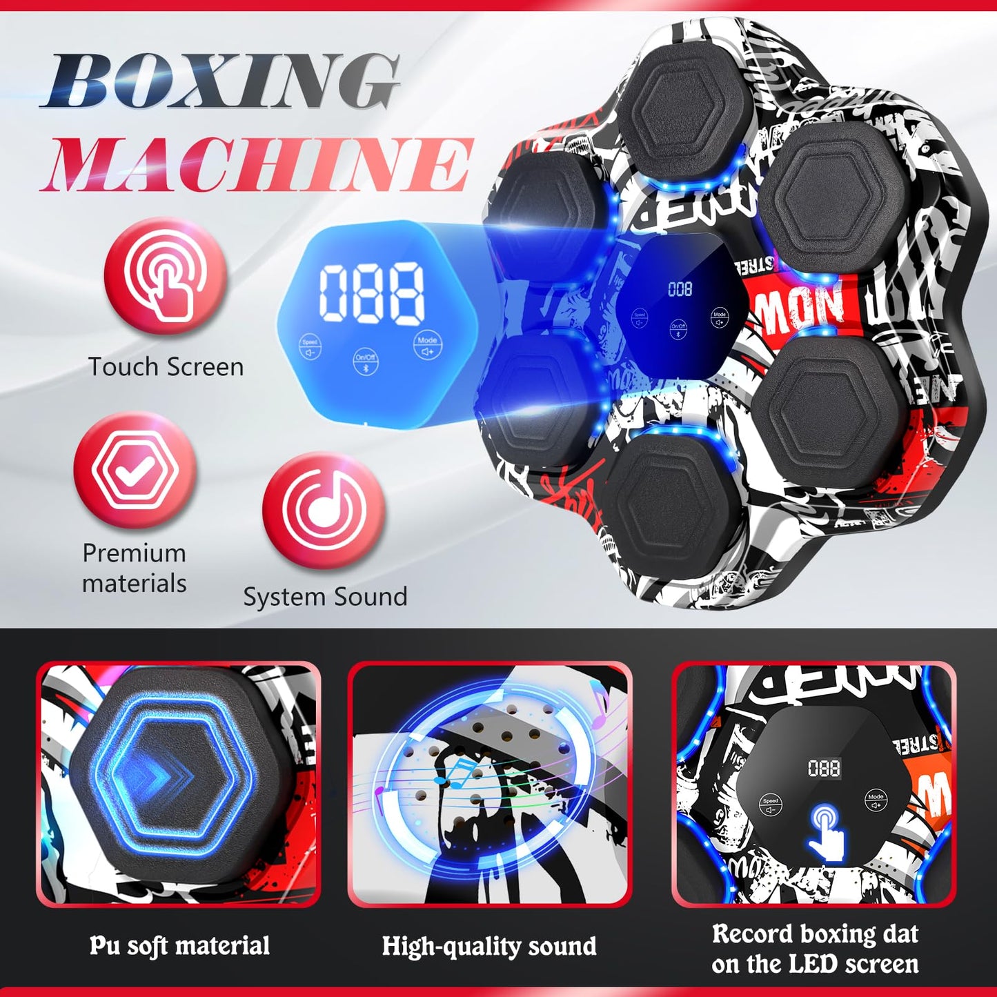 Music Boxing Machine, Smart Bluetooth Boxing Machine with Gloves, Wall Mounted Electronic Punching Machine for Adults Kids, 9 Modes 9 Speeds, LED Counting for Home Gym, Stress Relief Gift