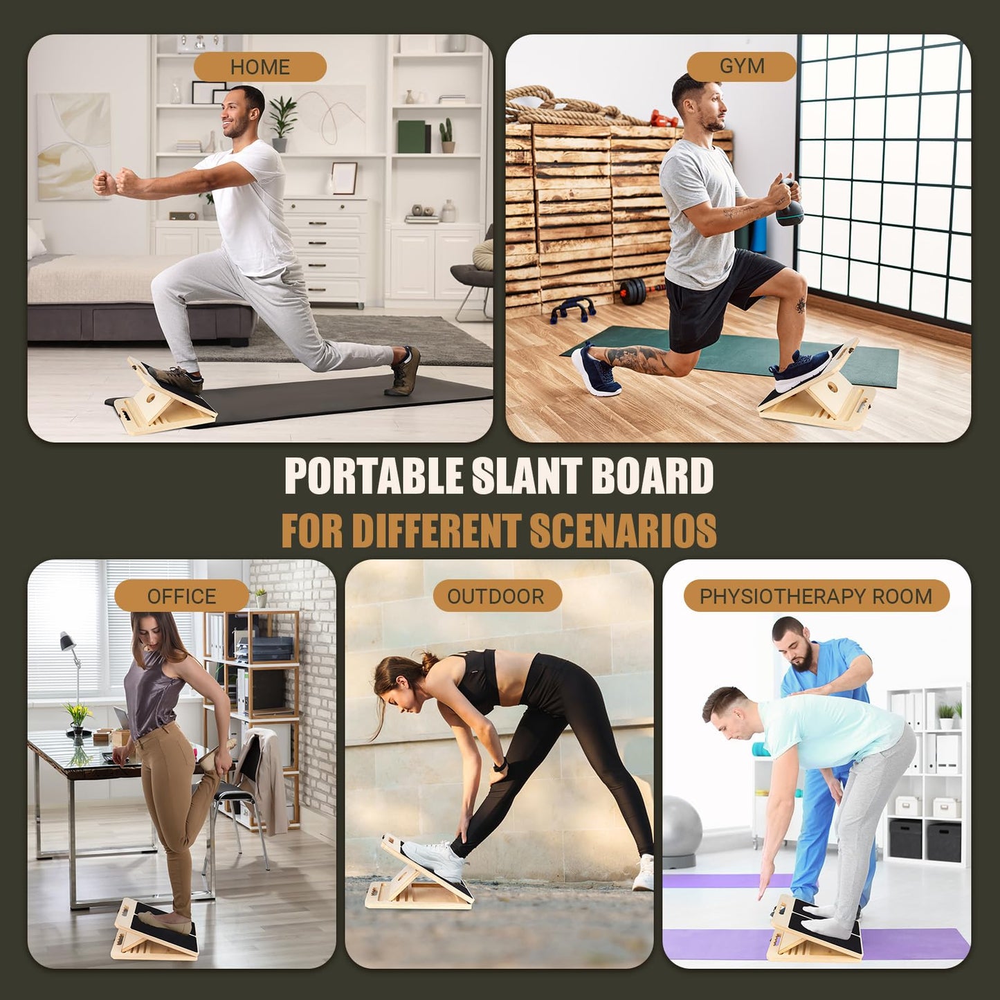 Wooden Slant Board for Calf Stretching, Portable Adjustable Calf Stretch Board with Training Poster & Resistance Bands, 300lb Weight Capacity Calf Ankle Achilles Physical Therapy Leg Exercisers