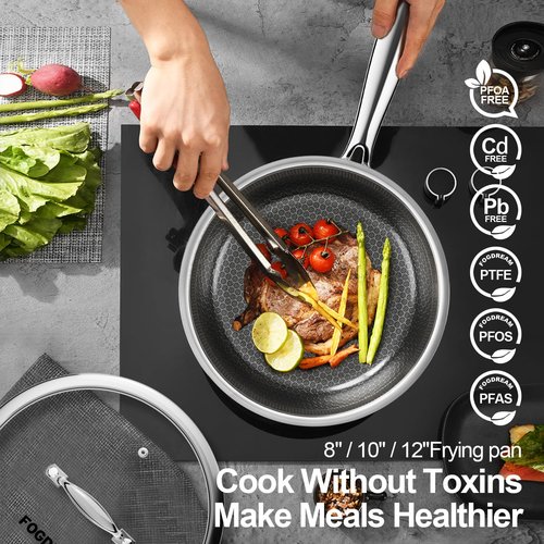 FogDream Non Stick Frying Pans, 10 Inch Stainless Steel Skillet with Tempered Glass Lid Tri-Ply Stainless Steel for All Cooktops, Dishwasher & Oven-Safe Cooking Pan, Stay-Cool Handle, Silver