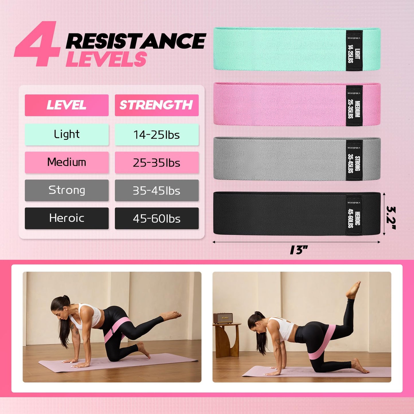 Resistance Bands for Working Out with Guide, 4 Workout Bands for Women & Men, Fabric Exercise Bands for Legs, Hip, Glute, Butt, Booty Bands Set for Yoga, Pilates, Strength (Green, Pink, Gray, Black)