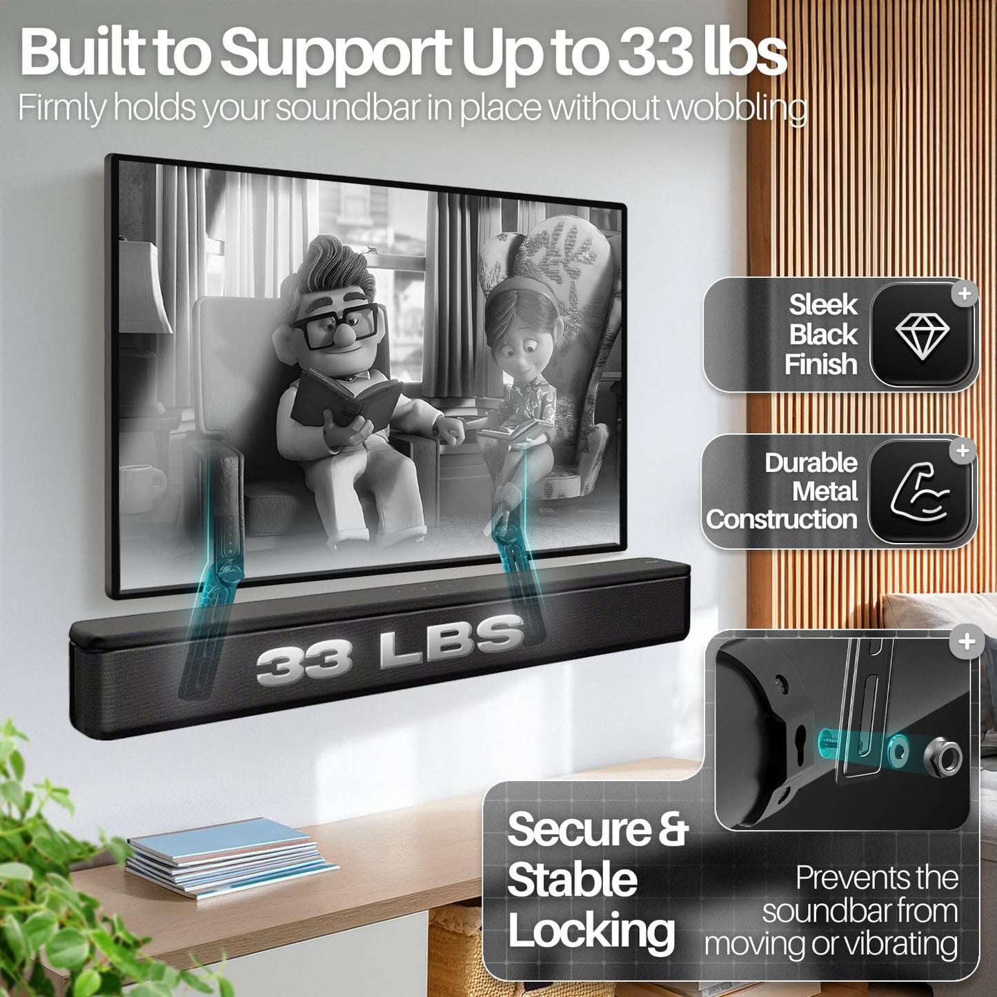 TNP Products 33 Lbs TNP Soundbar Mount Bracket Under TV or Above - Universal Sound Bar TV Mounting Kit with Adjustable