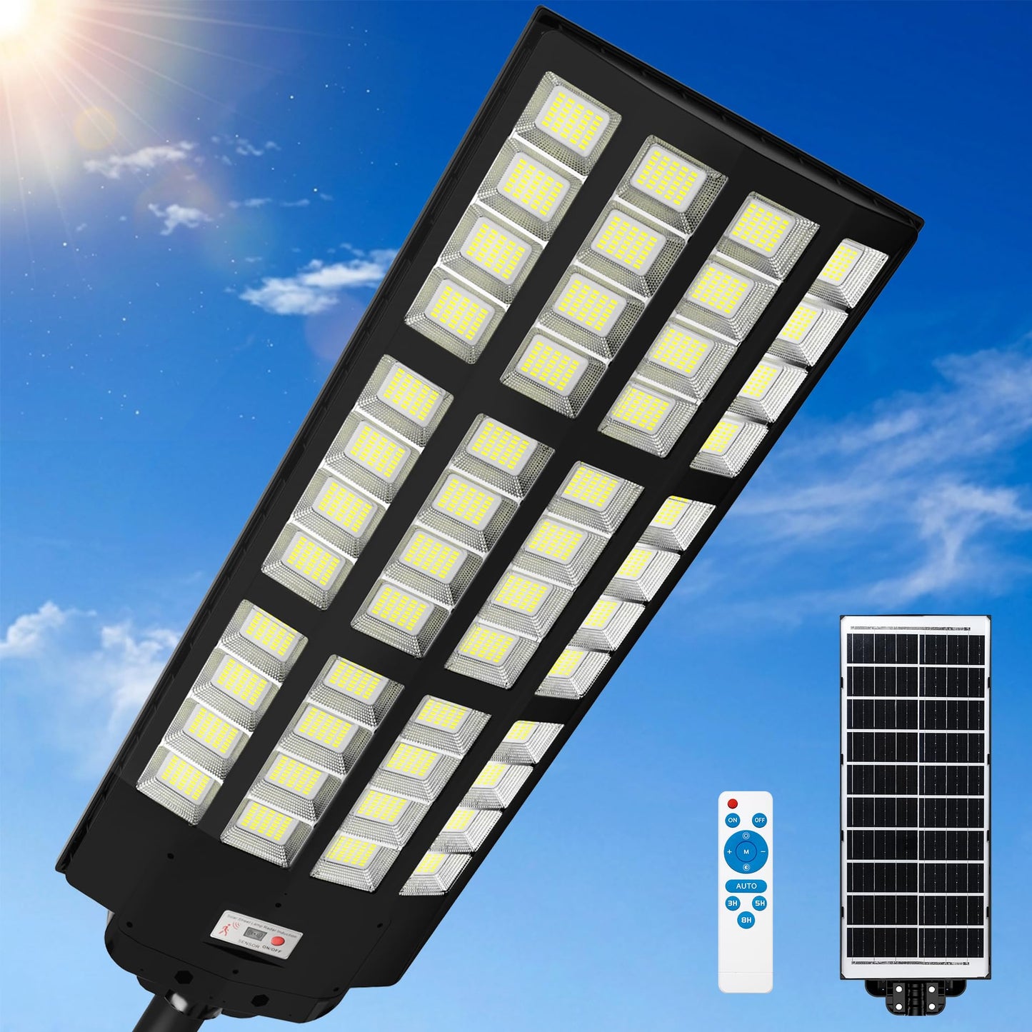 MOXNICE Solar Street Lights, 13000W Solar Lights Outdoor, 7500K Daylight Motion Sensor Security Light with Remote, IP67 Waterproof Dusk to Dawn LED Flood Light for Parking Lot, Yard, Driveway, Garden