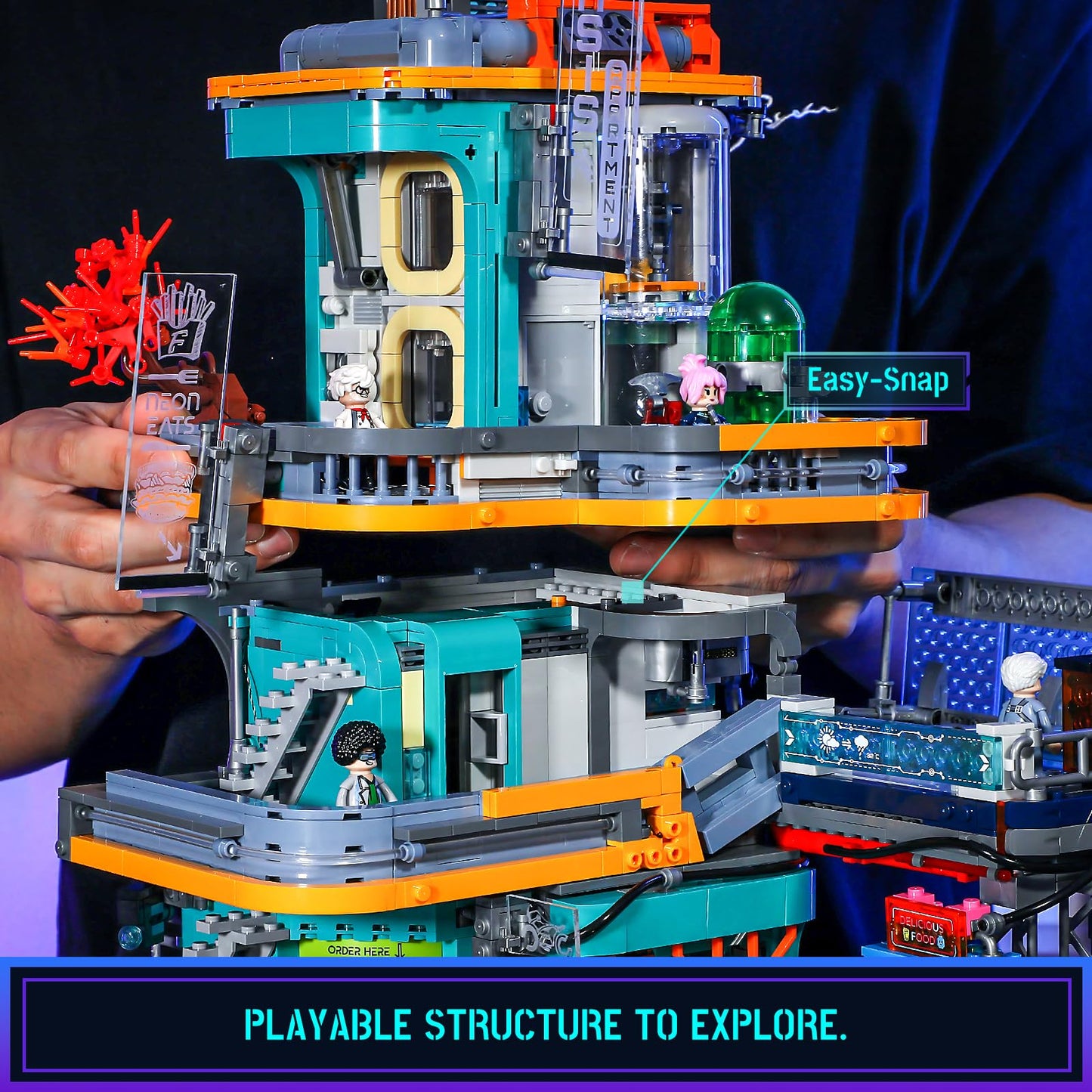 FUNWHOLE Cyberpunk Mansion Lighting Building-Bricks Set - 2524 Pcs Future City Modular Buildings Set Display Idea for Adults and Sci-fi Lovers