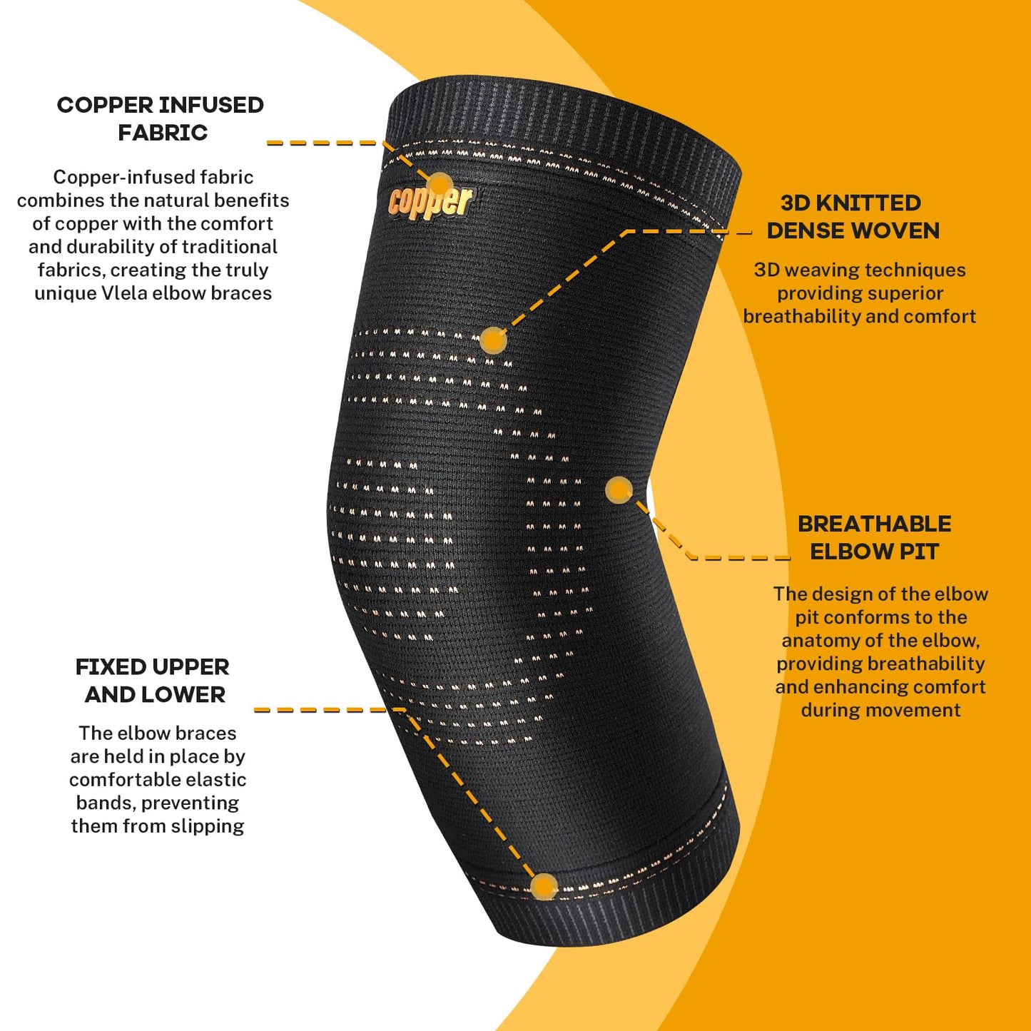 Vlela Copper Elbow Sleeve,Elbow Compression Sleeve, Elbow Brace For Tendonitis and Tennis Elbow,Golfers, Arthritis, Bursitis. Elbow Pain Relief,Weightlifting, Fit for Men & Women