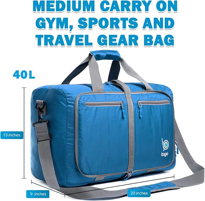 Bago Foldable Duffel Bags for Traveling Women & Men - 40L Sports Packable Duffle Bag for Travel with Shoe Compartment - Water Repellant, Heavy Duty, Lightweight Folding & Collapsible (Blue)