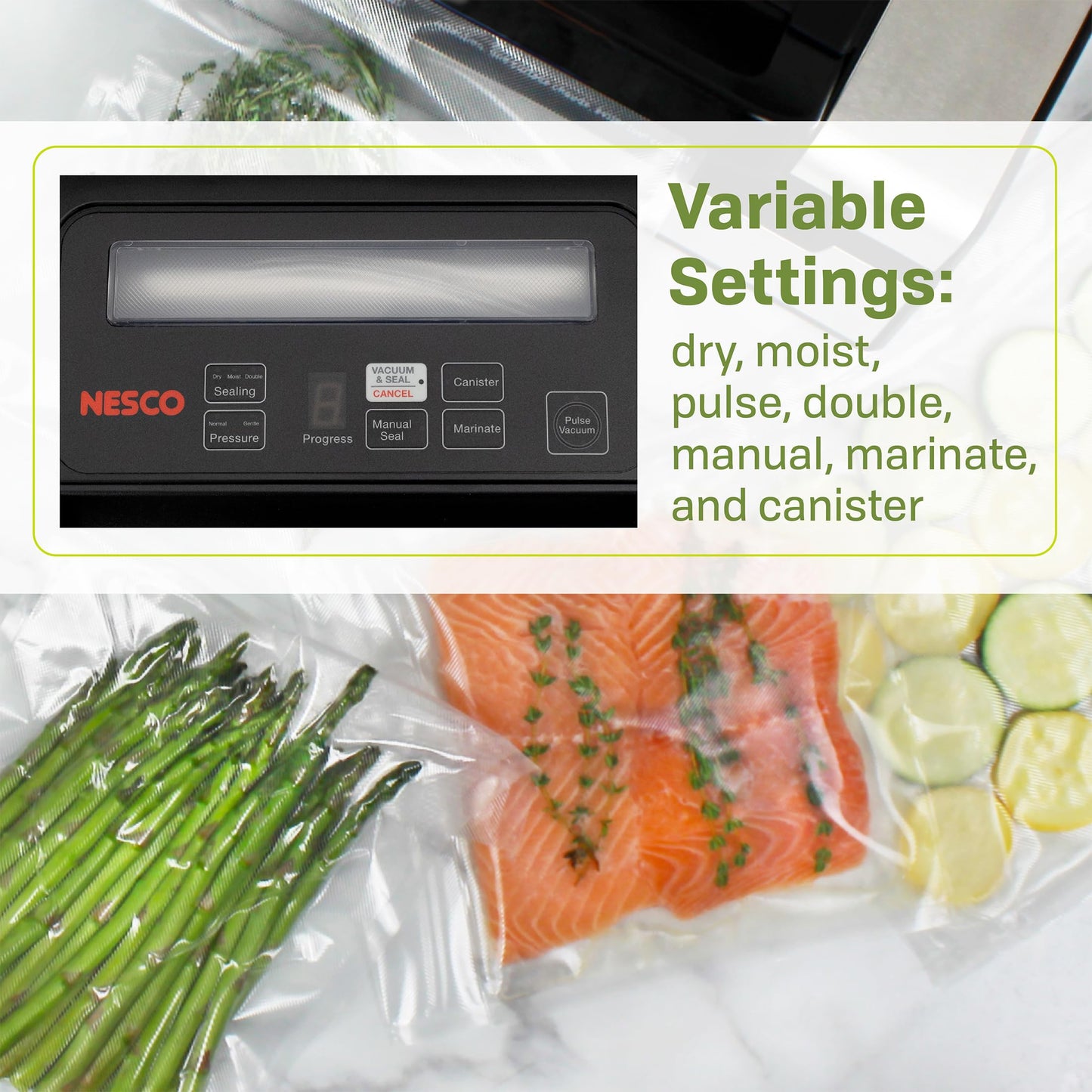 Nesco Deluxe Food VS-12 Vacuum Sealer, 130 Watts, Kit Bags & Viewing Lid, Compact, Silver