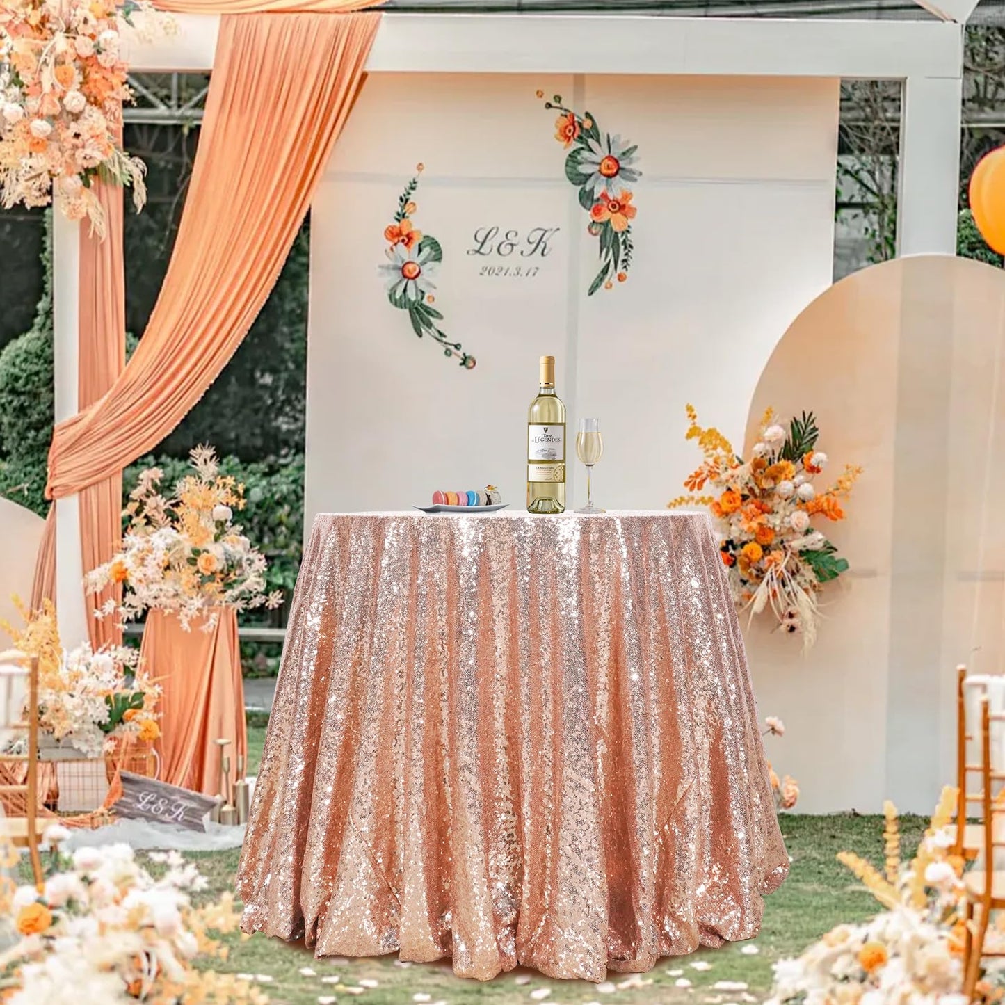 SquarePie Round Sequin Tablecloth 120 Inch Rose Gold Sparkly Table Cloth for Wedding Party