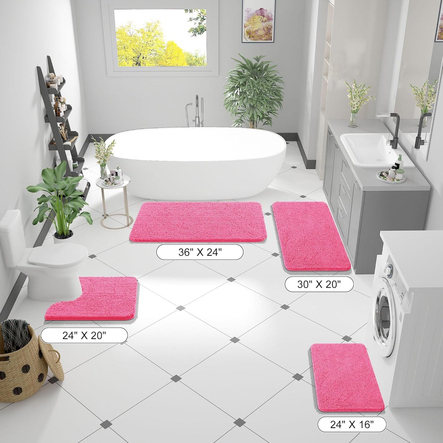 OLANLY Bathroom Runner Rugs - Soft Chenille Bath Mats with Rubber Backing | Quick Dry, 47x17, Hot Pink