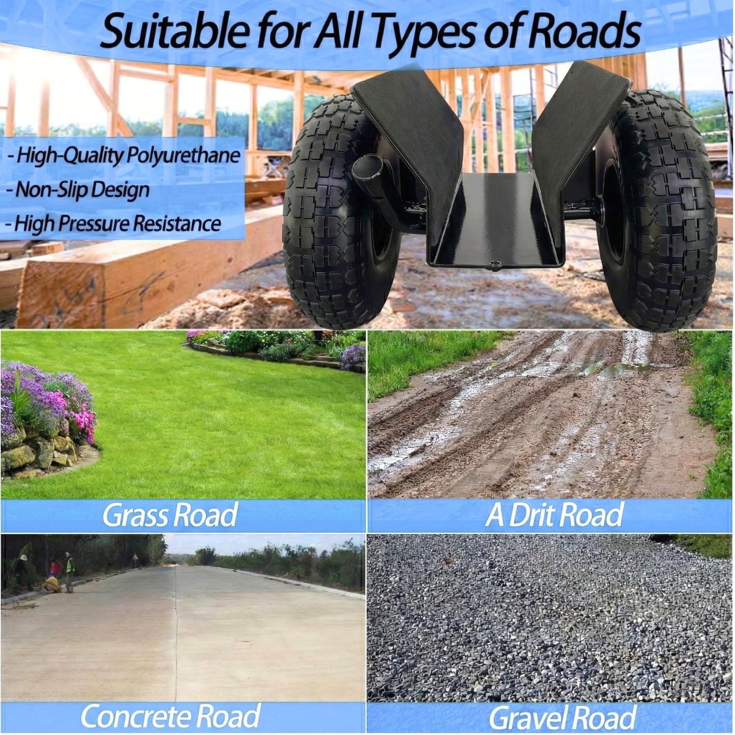 Heavy Duty Panel Dolly, All-Terrain Slab Dolly with 1000 LB Weight Capacity,10-inch Wheels (Black Solid Tire)-Patent Pending