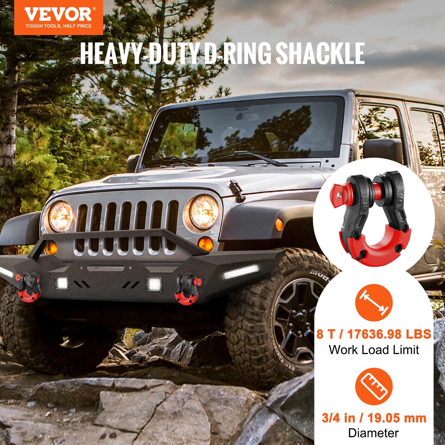 VEVOR 3/4" D Ring Shackle, Black Shackles for Truck with 7/8” Screw Pin 66139 lbs (30 Ton) Break Strength Red Isolator Washers Kit, Winch Towing Shackle for Truck Jeep Heavy Duty Off Road Recovery