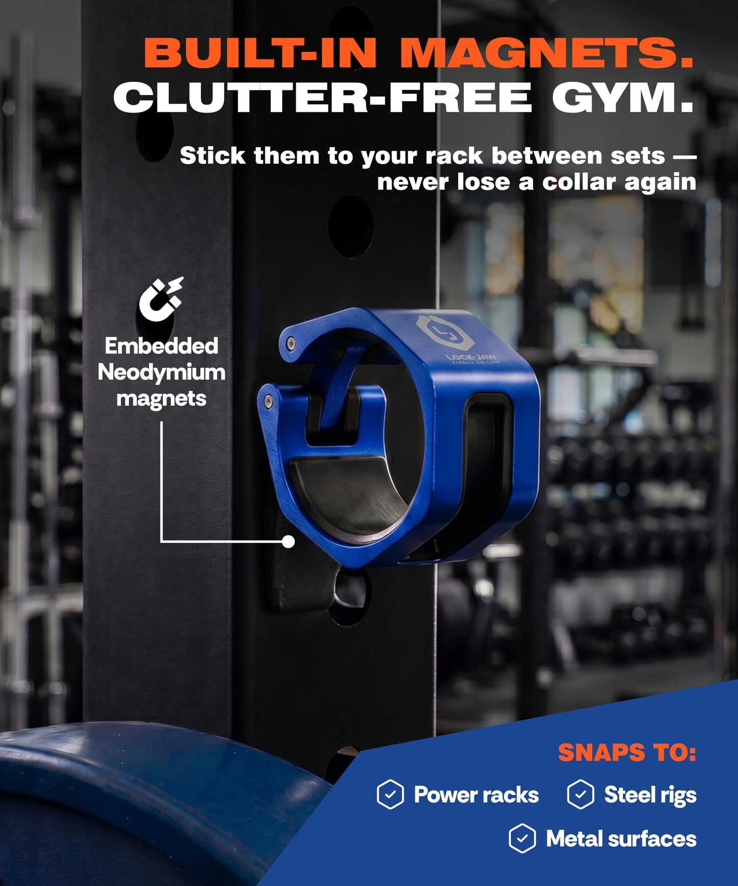 Lock-Jaw Metal Barbell Collars (Blue) Barbell Clamps - 1 Pair Heavy Duty Bar Clamps for 2” & 50mm Olympic Bars – Secure Weight Bar Clamps for Strength Training & Home Gym Accessories – Quick Release