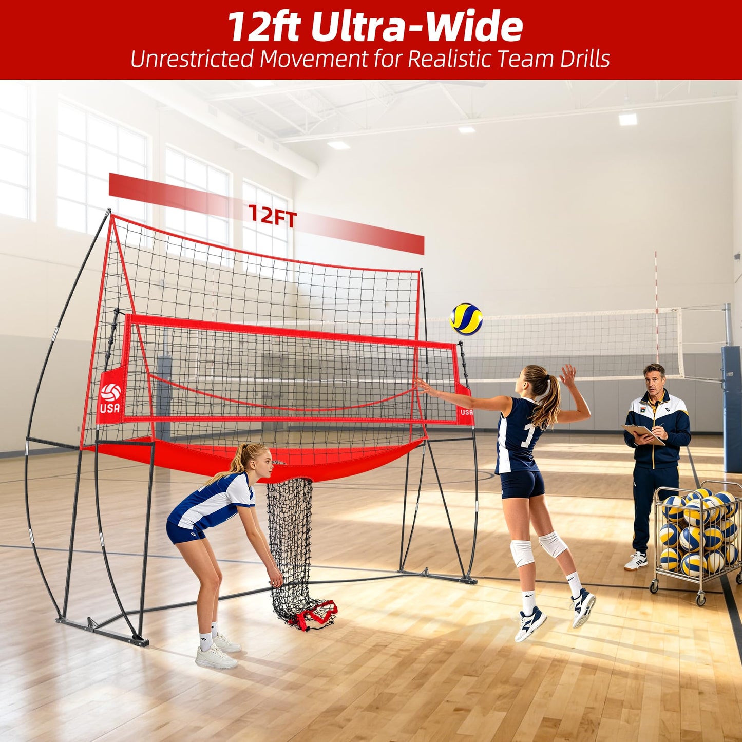JOLORLY 2-in-1 Volleyball Practice Net Station with Patented 5-Height (6'6'' to 8'), Heavy Duty Training System for Hitting Spiking Serving, Backyard Indoor Outdoor Trainer Equipment (12x11 ft Red)