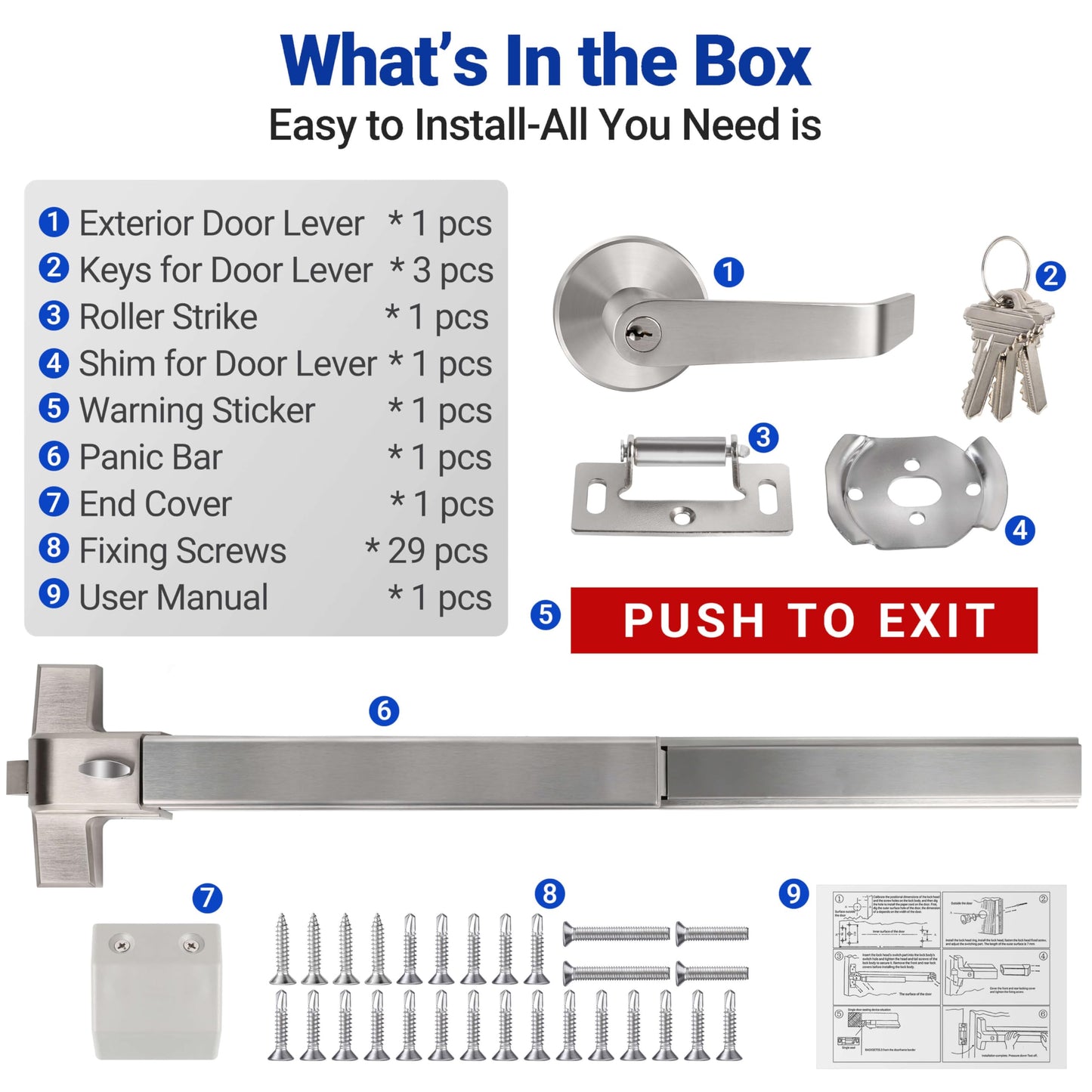 Push Bar Panic Exit Device for Emergency Exit Doors with Door Handle- 304 Stainless Steel Panic Bars for Exit Doors, 38" Commercial Push Bar Panic Exit Device for 39”-53” Wood/Metal Door (Silver)