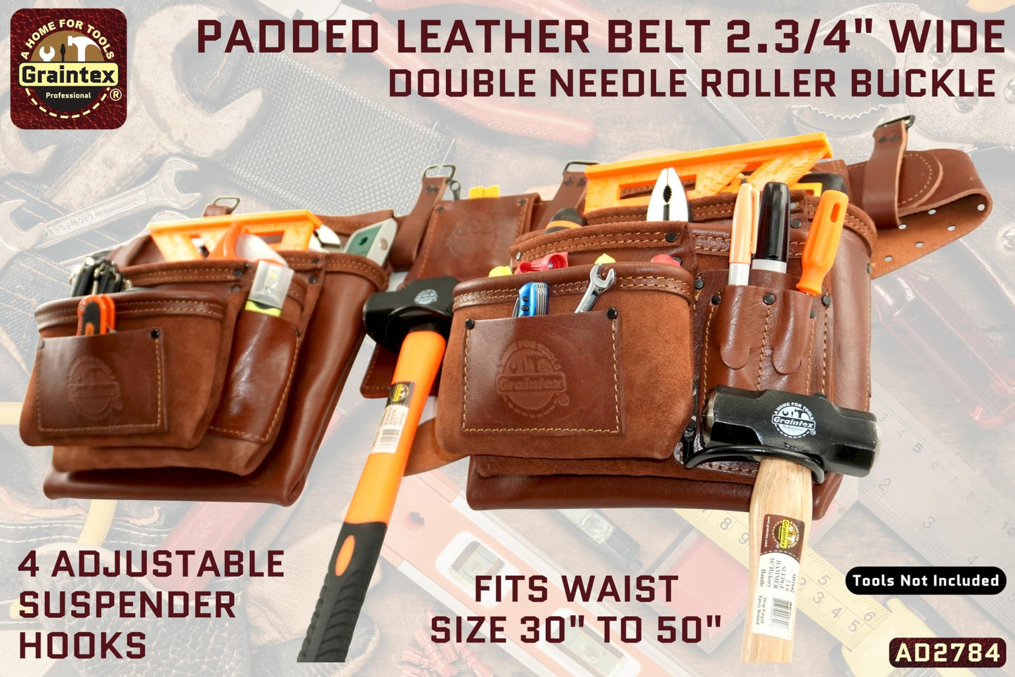 GRAINTEX AD2784 :: 4 Piece 17 Pocket Framer's Tool Belt Combo Ambassador Series Chestnut Brown Color Grain Leather