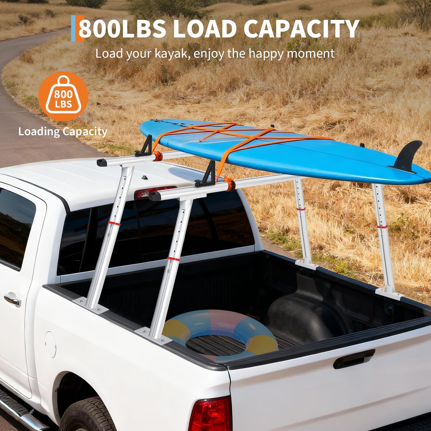 Truck Ladder Rack 35.4-71 Inch Adjustable Heavy Duty Pickup Bed Cargo System 800 LB Capacity Aluminum Kayak Lumber Work Equipment Carrier with Drilling Mount for Ford Chevy RAM