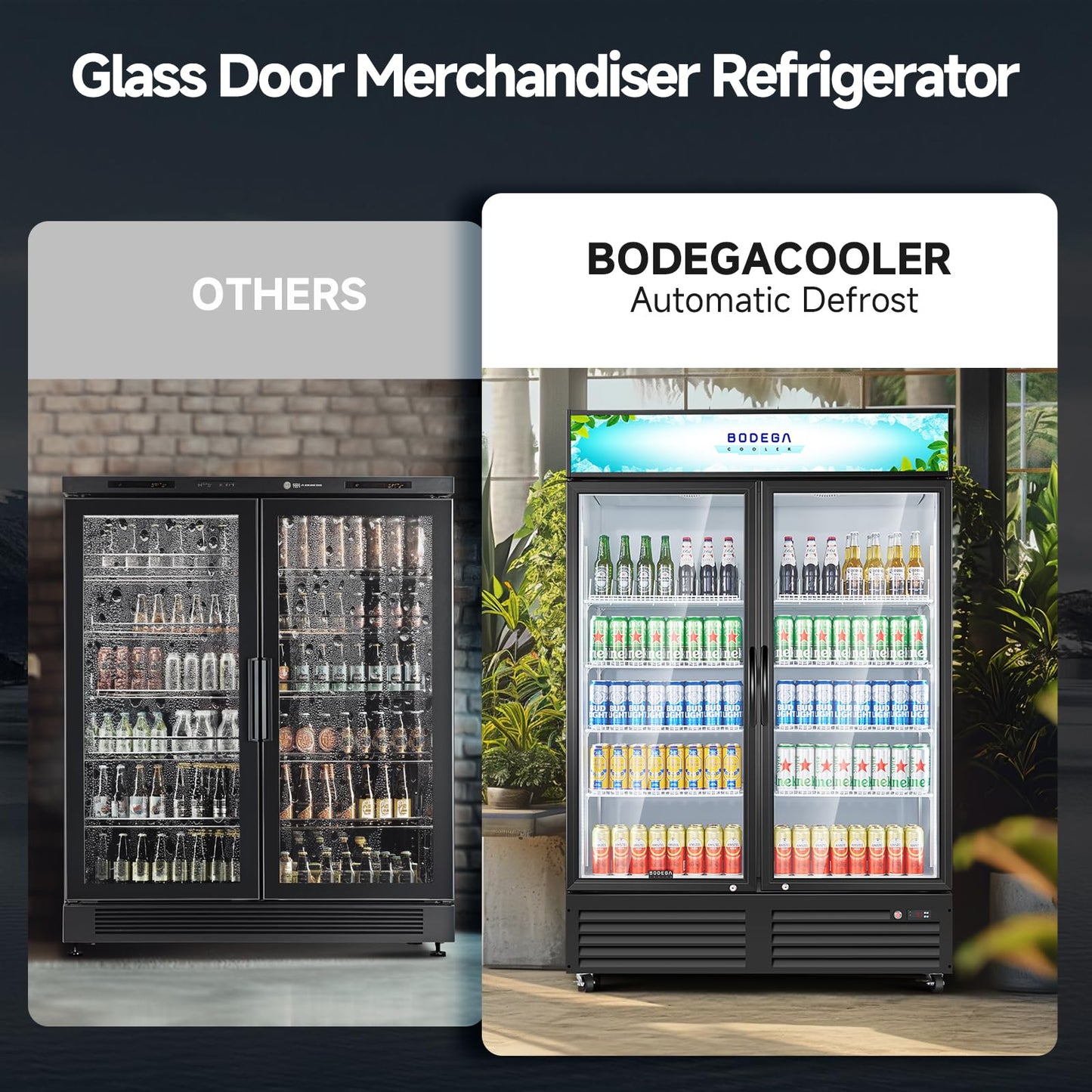 BODEGACOOLER Commercial Merchandiser Refrigerator, 40 Cu.Ft Double Glass Door Beverage Cooler, Upright Display Refrigerator with Soft LED Light, Adjustable Shelves, 4 Heavy-Duty Casters, Black