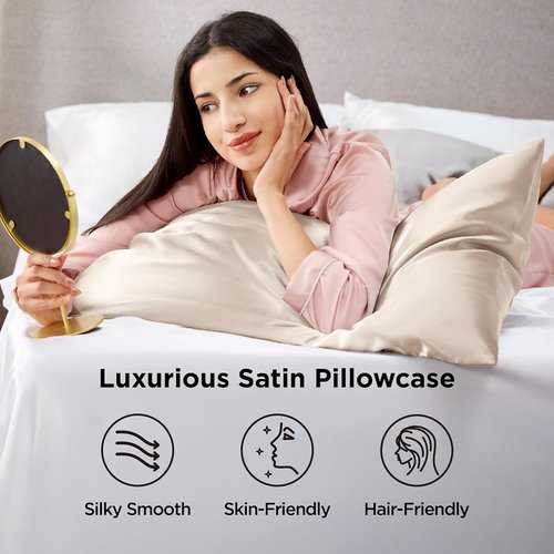 Bedsure Satin Pillowcases - Luxurious Cooling Queen Size Set of 2 | Envelope Closure, Beige 20x30 Inches
