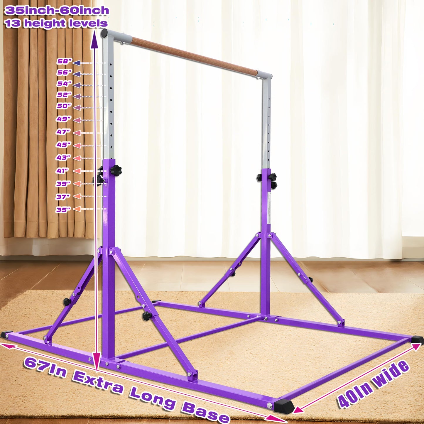 PreGymnastic Foldable Gymnastics Bar, 5.6FT Folding Horizontal Bars for Kids Ages 3-12, Weight Limit 350 LB, Adjustable kip Bar,Children Home Gym Equipment Indoor(Foldable Bar with Mat, Violet-Mat)