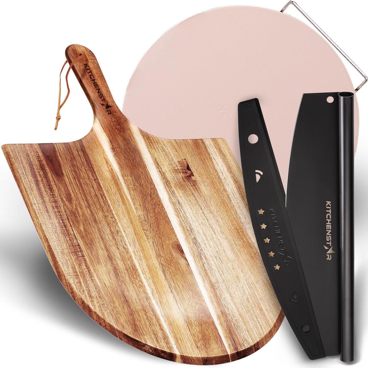 KitchenStar Pizza Cutter Rocker Blade 18" Black + Wooden Pizza Peel 16" + Pizza Stone for Oven and Grill 16" with Handles - Pizza Making Bundle