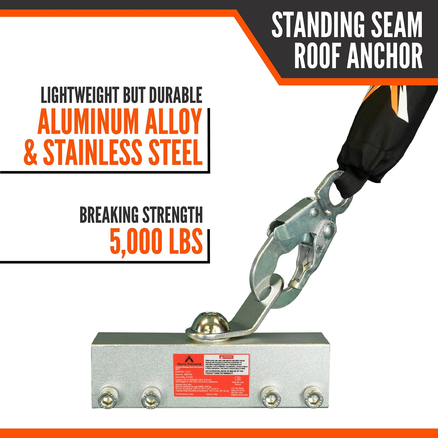 Malta Dynamics Fall Protection Roof Anchor – Stainless Steel Roof Clamp with 360° Swivel, Easy to Install Fall Arrest System and Roofing Safety, OSHA and ANSI Compliant (1 unit)