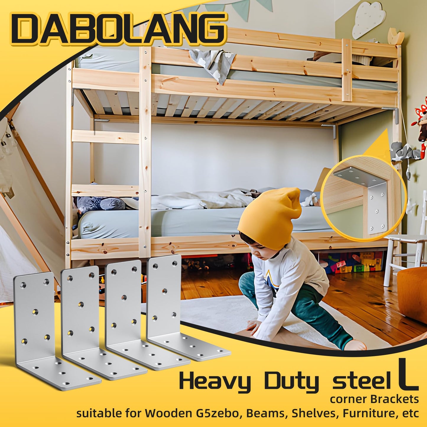 Dabolang 5" X 5"Heavy Duty Shelf Brackets,4PCS L Brackets for Wood,L-Shape Corner Bracket,90 Degree Angle Bracket,Galvanized Corner Brace for Wood Furniture, Bed Frames, Shelving & Timber Projects