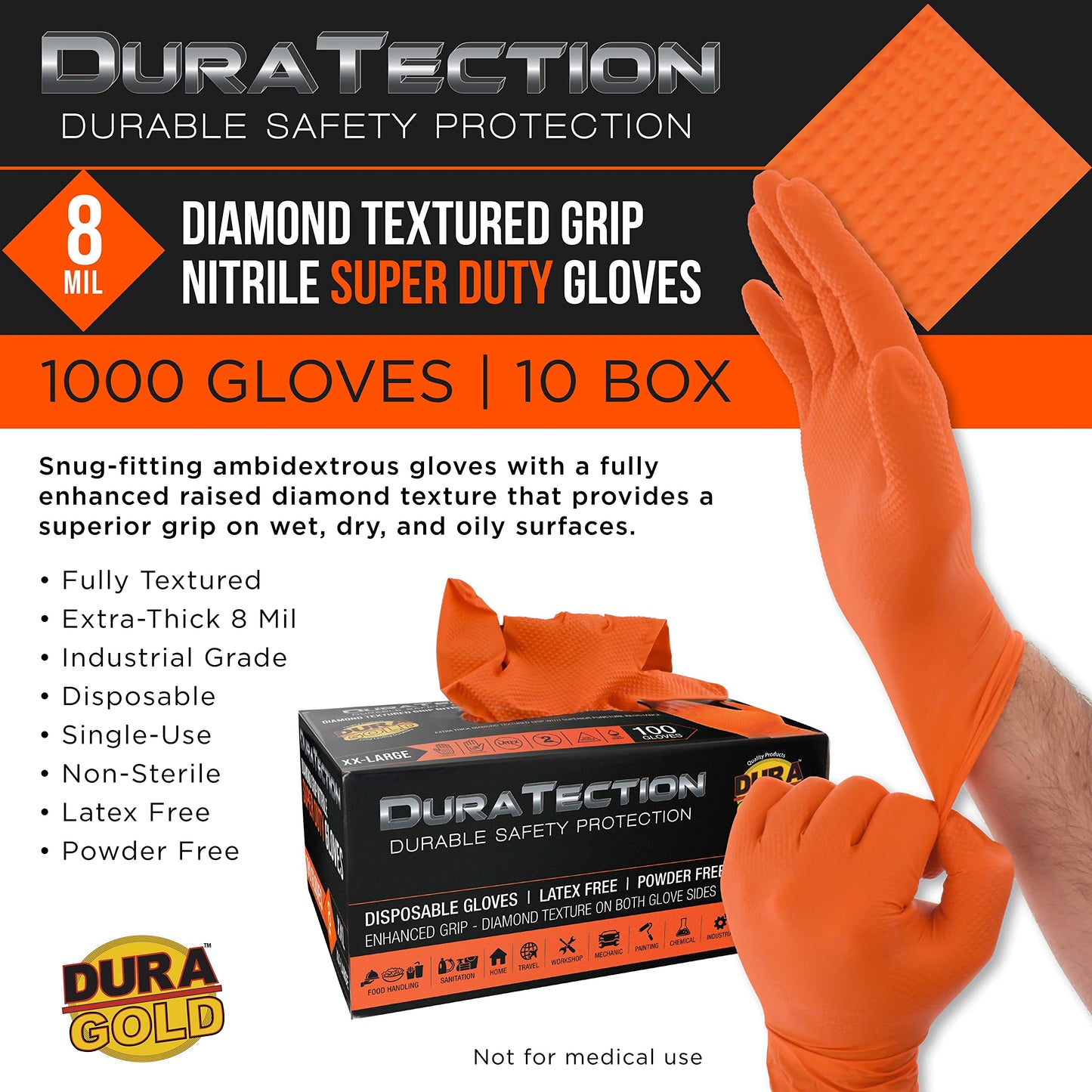 Dura-Gold Duratection 8 Mil Orange Super Duty Diamond Textured Nitrile Disposable Gloves, 10 Boxes of 100, XX-Large - Latex Free, Powder Free, Food Safe, Safety Protection Work Gloves, Industrial