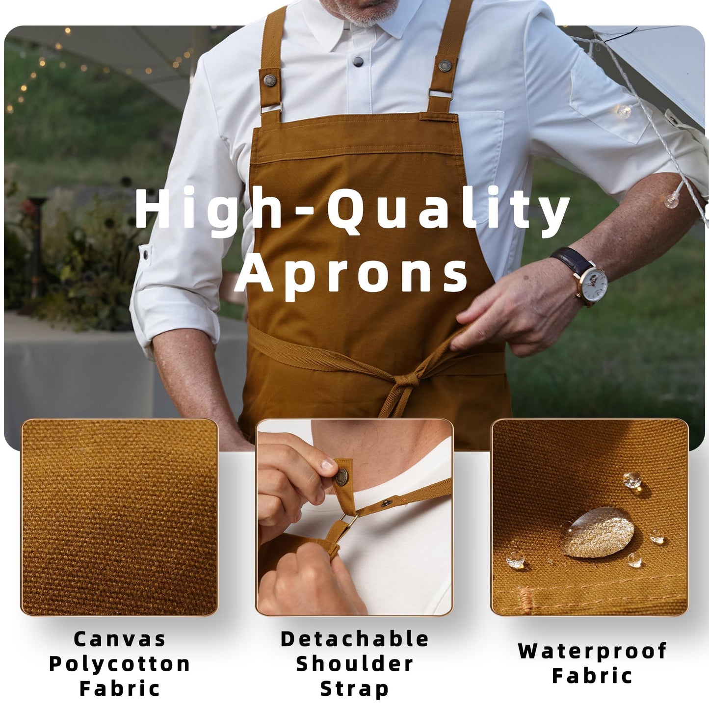 Guolamy Unisex Kitchen Apron, Cross Strap Apron with 2 Pockets, Durable Waterproof Professional Apron 4251JC(Ginger, 1 Pack)