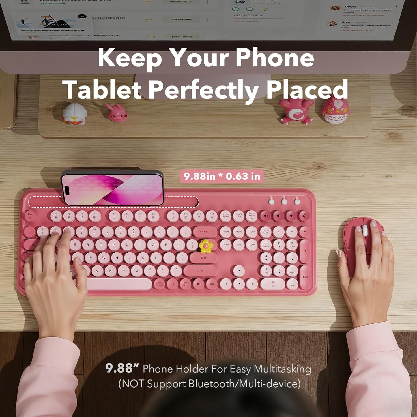 Trueque 3-Level 2.4GHz CK13, Wireless Keyboard and Mouse Combo, Cute Full-Size Typewriter-Style Keyboard, Retro Round