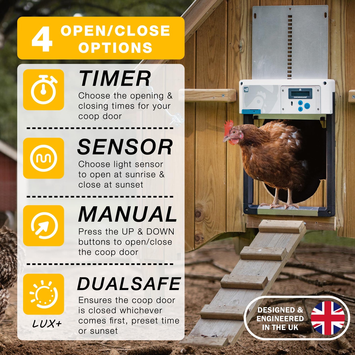 Automatic Chicken Coop Door Opener, ChickenGuard One in All 4 Colours, Timer/Light Sensing, Winter Mode, Auto-Stop & Predator Proof, 3 Power Options, Solar, Battery or Electric (Gray + Batteries)