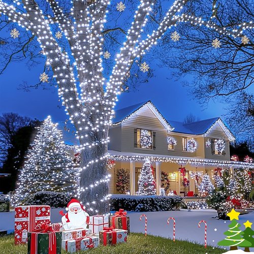 JMEXSUSS 200 LED White Christmas Lights - 66ft Waterproof Twinkle String Lights for Indoor/Outdoor Use | 8 Modes, Green Wire